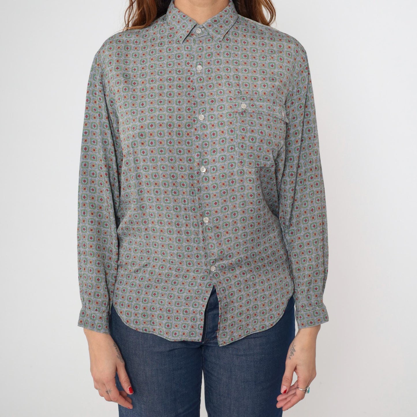 90s Geometric Floral Button Up Blouse Sage Green Red Print Medium