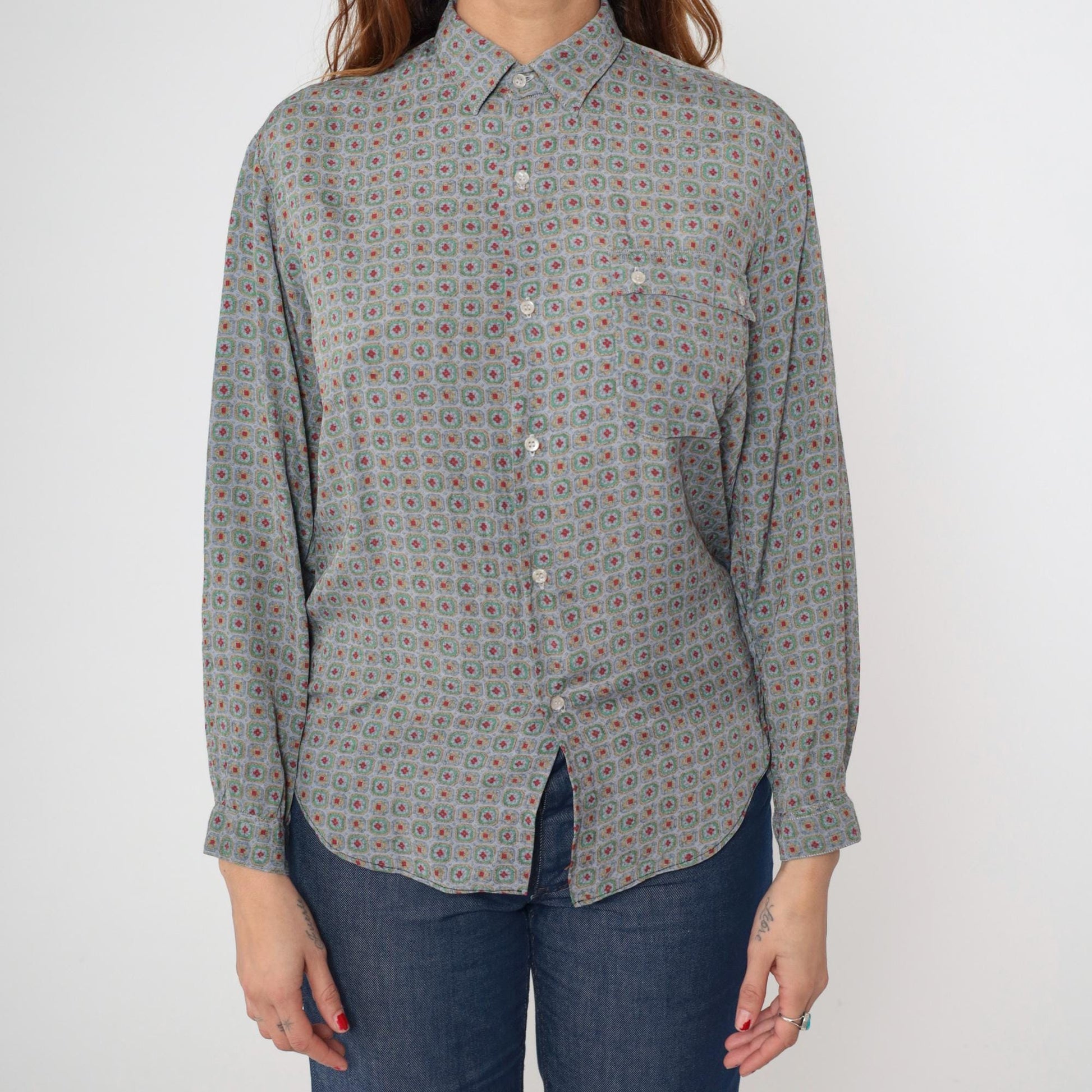 90s Geometric Floral Button Up Blouse Sage Green Red Print Medium