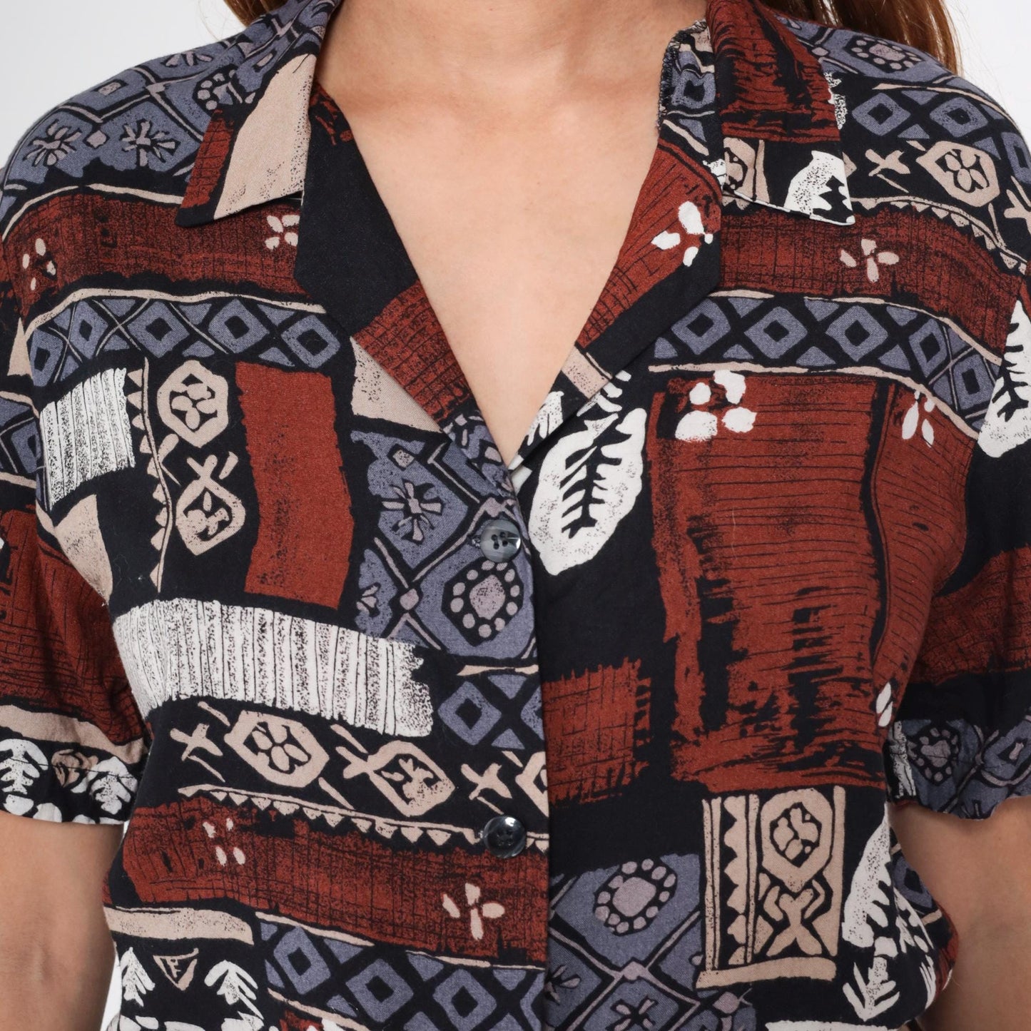 90s Radcliffe Batik Geometric Print Button Blouse Rust Blue Black Medium M