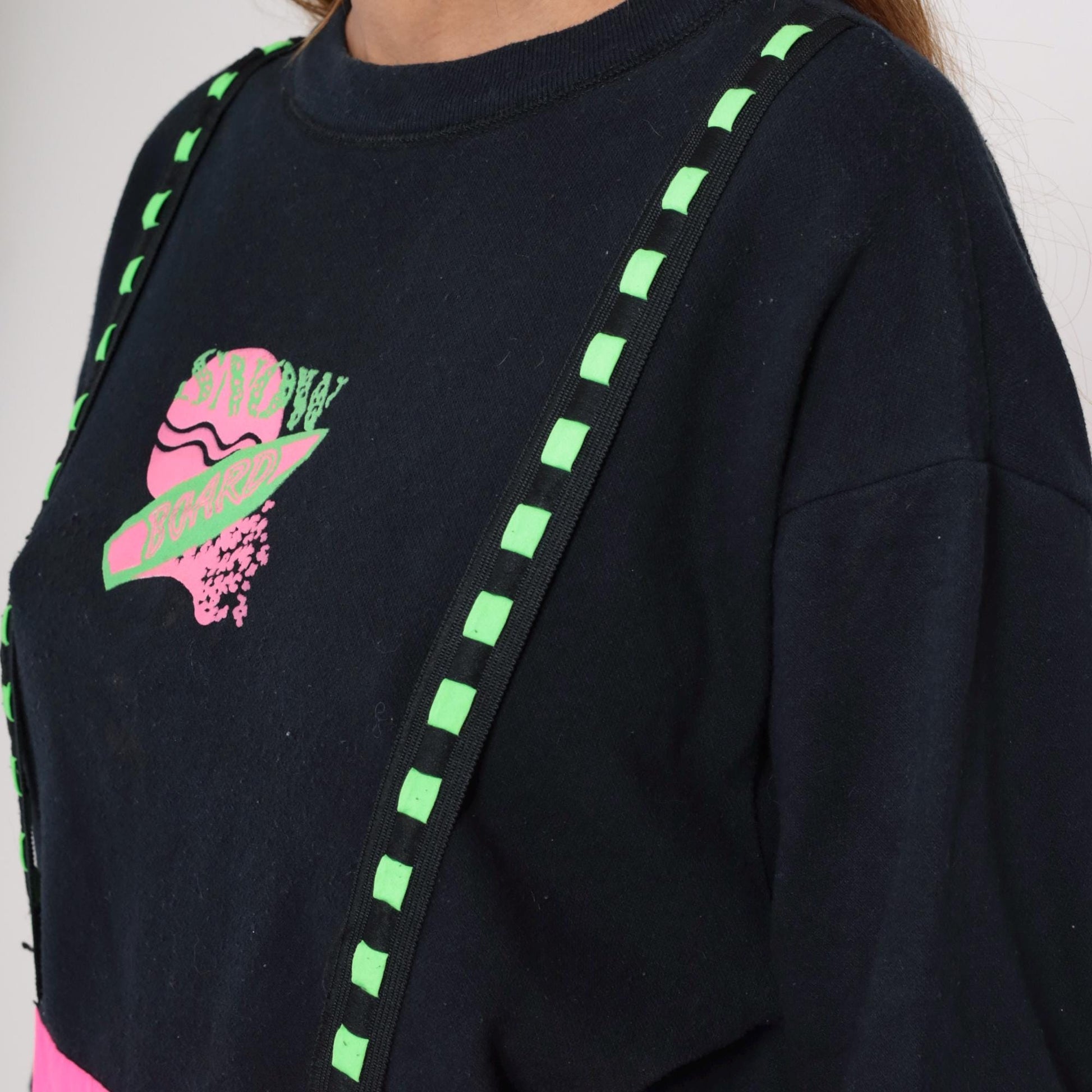 90s Obvious Snowboard Sweatshirt Black Neon Pink Green Cropped Medium M
