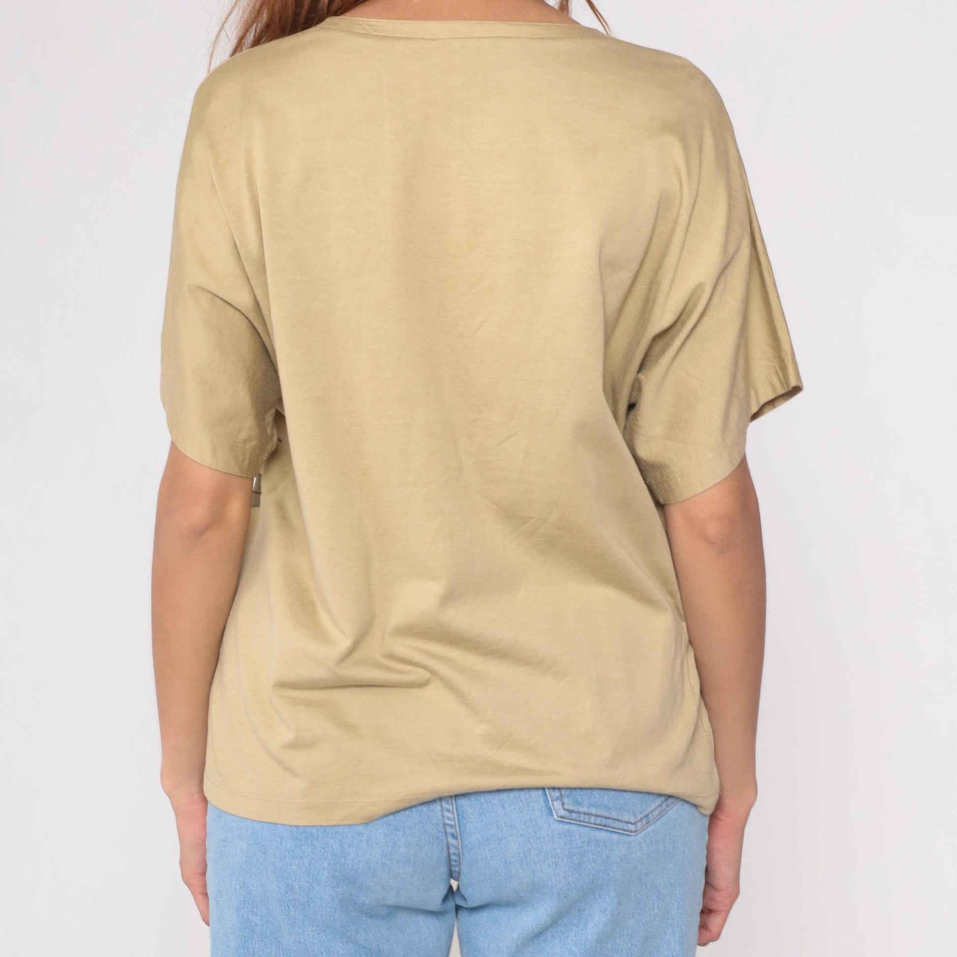 90s Tan Sequined Bird Print Boxy Tee Tropical Foliage Beaded Short Sleeve Large L