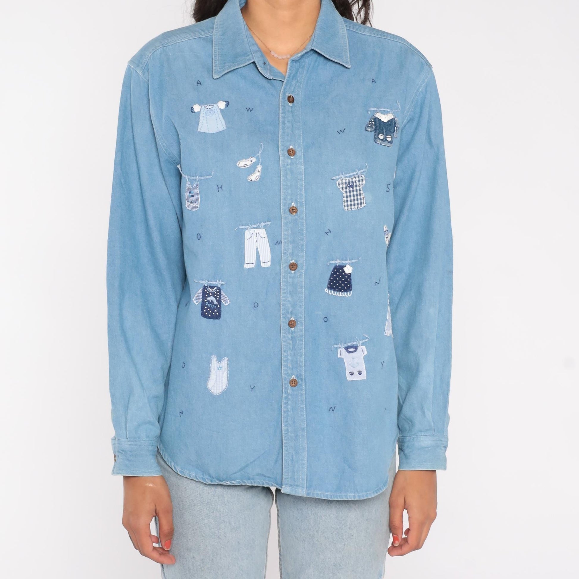90s Gardy Teddy Bear Laundry Day Denim Shirt Blue Chambray Medium M
