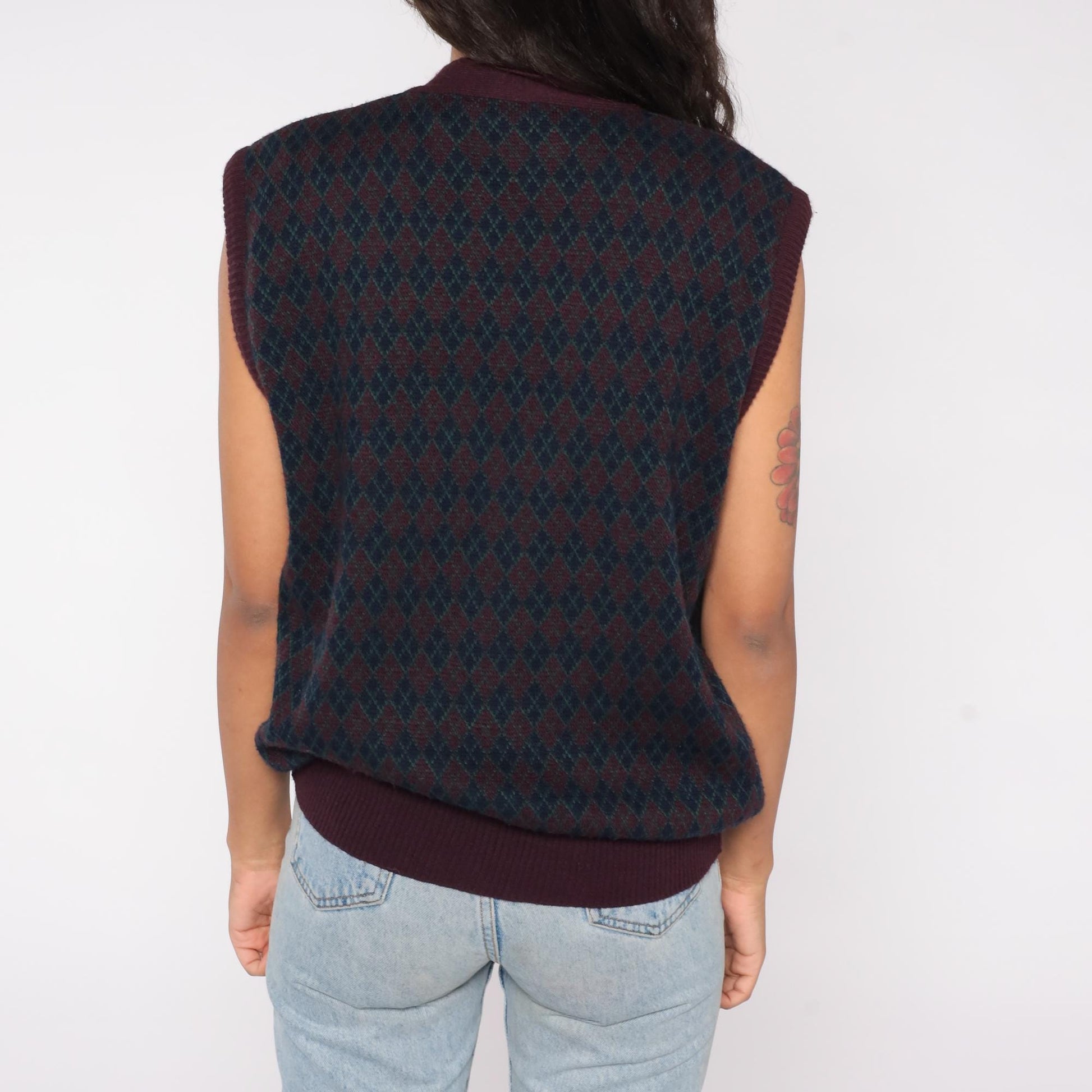 90s The Italian Sweater Co. Argyle Vest Burgundy Navy Green Wool Large L