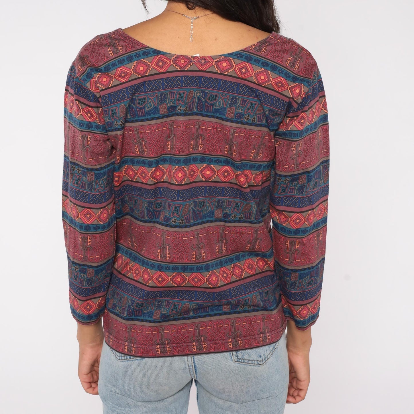 90s Chicos Design Southwestern Tribal Print Top Burgundy Navy Cotton Small