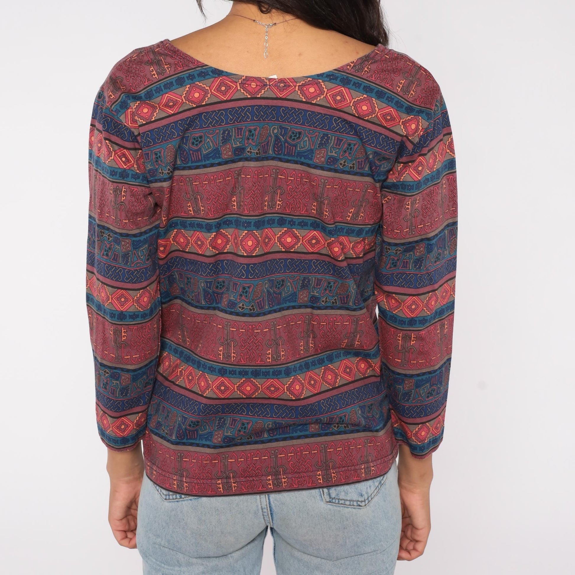 90s Chicos Design Southwestern Tribal Print Top Burgundy Navy Cotton Small