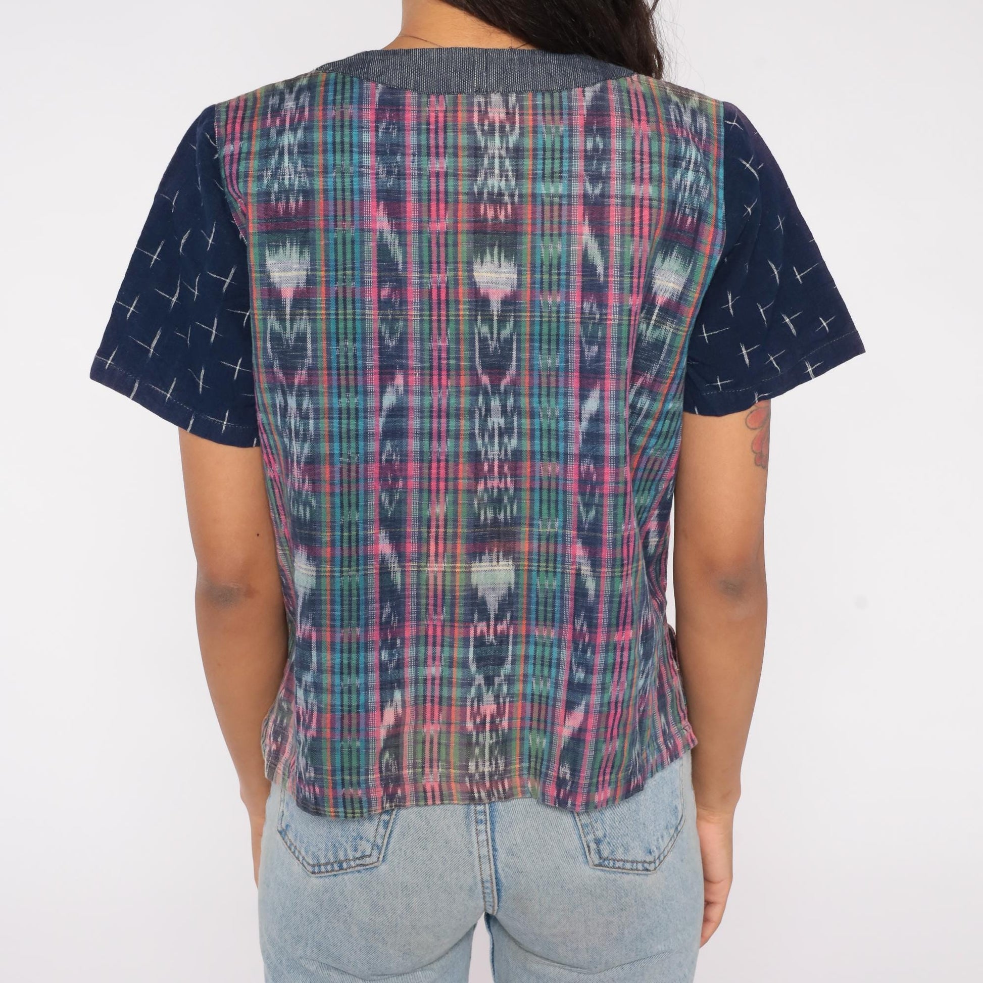90s Patchwork Button Up Ikat Print Navy Chambray Short Sleeve Small P