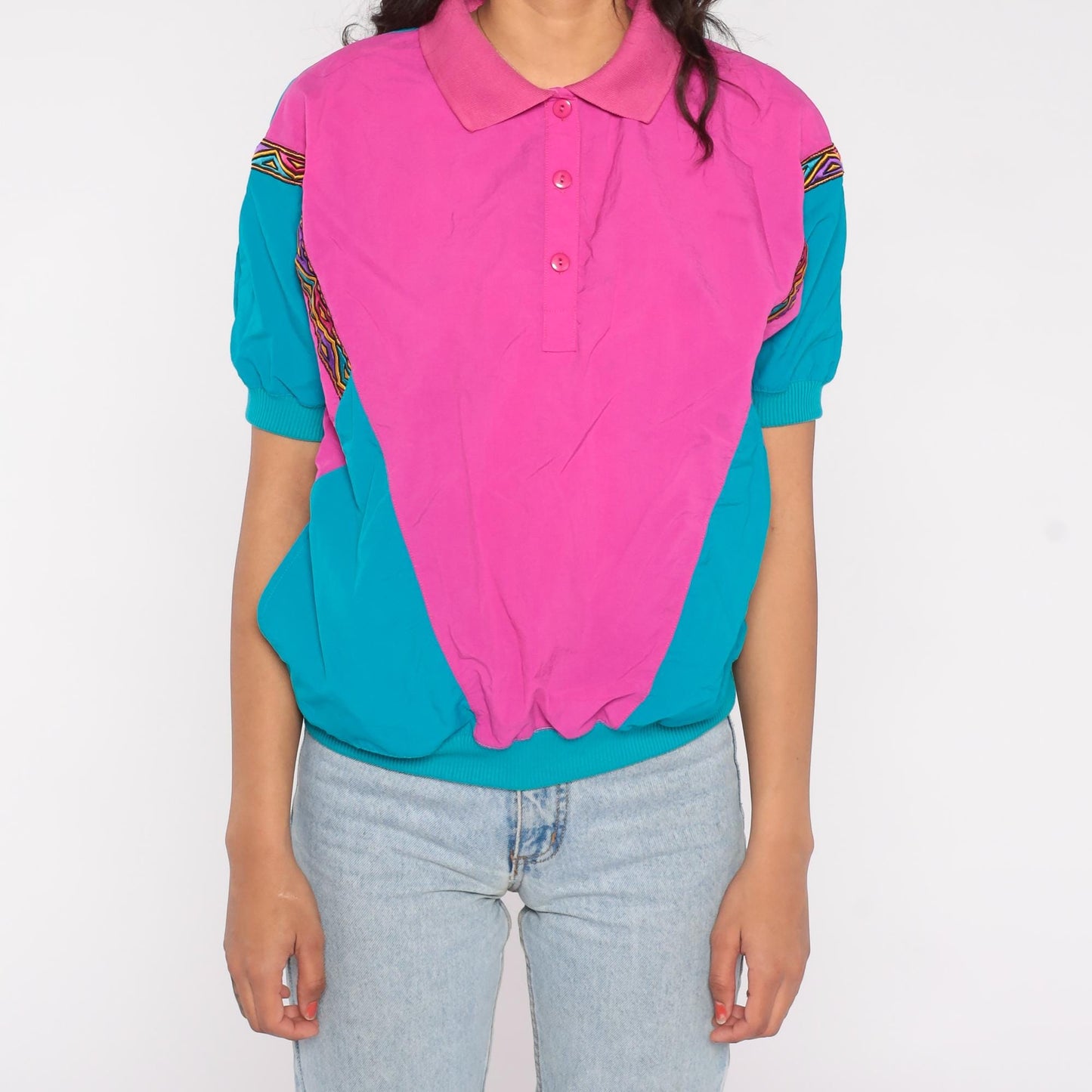 90s Lavon Color Block Polo Hot Pink Teal Nylon Short Sleeve Medium M