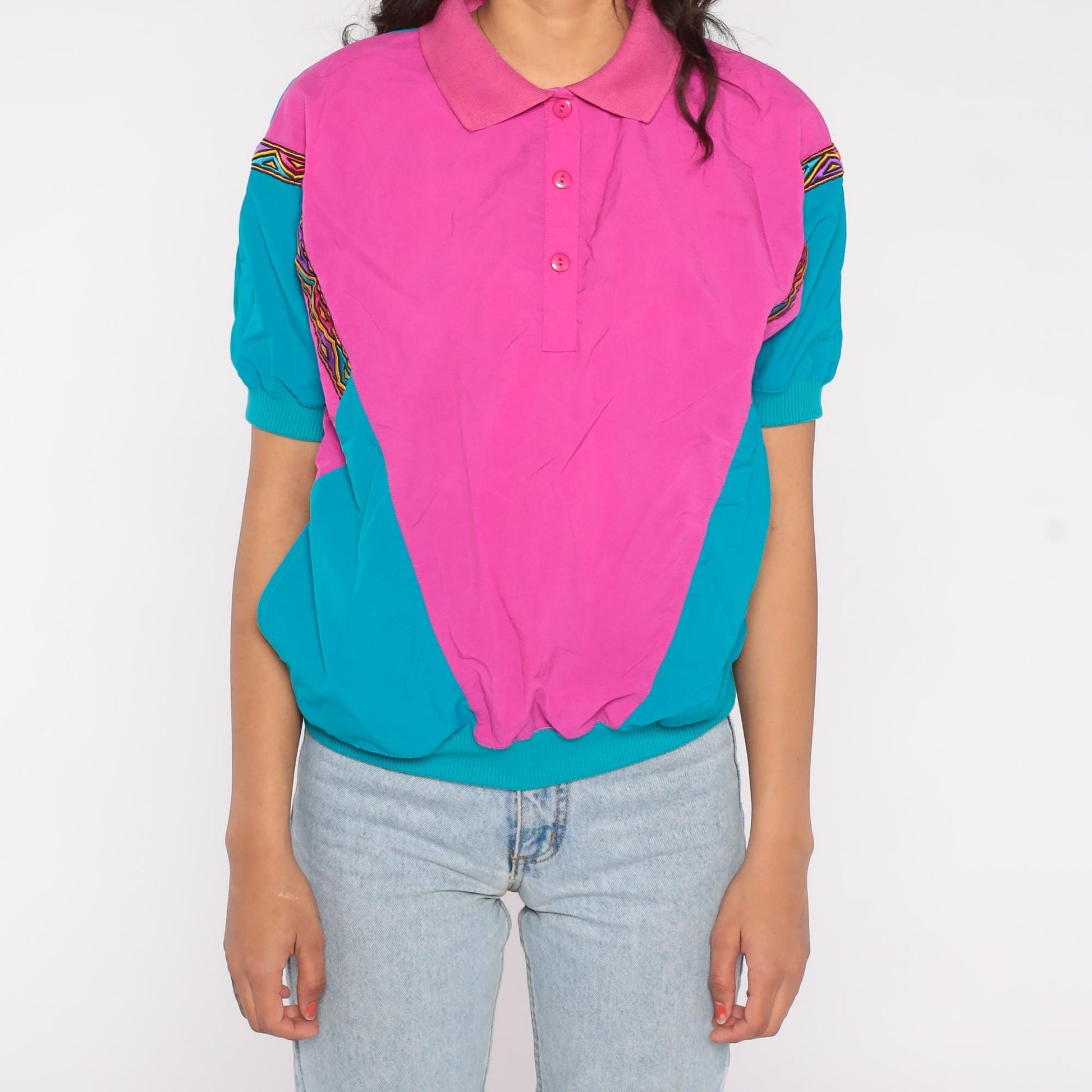 90s Lavon Color Block Polo Hot Pink Teal Nylon Short Sleeve Medium M