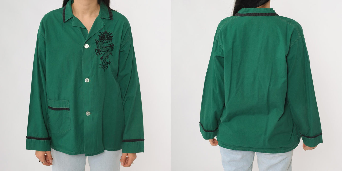 70s Dragon Embroidered Green Cotton Button Up Blouse Black Long Sleeve Large