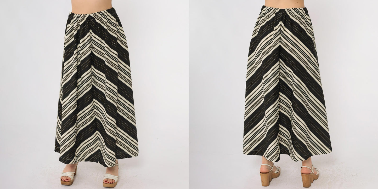 70s Black Cream Chevron Striped Maxi Skirt Gold Metallic High Waist Small