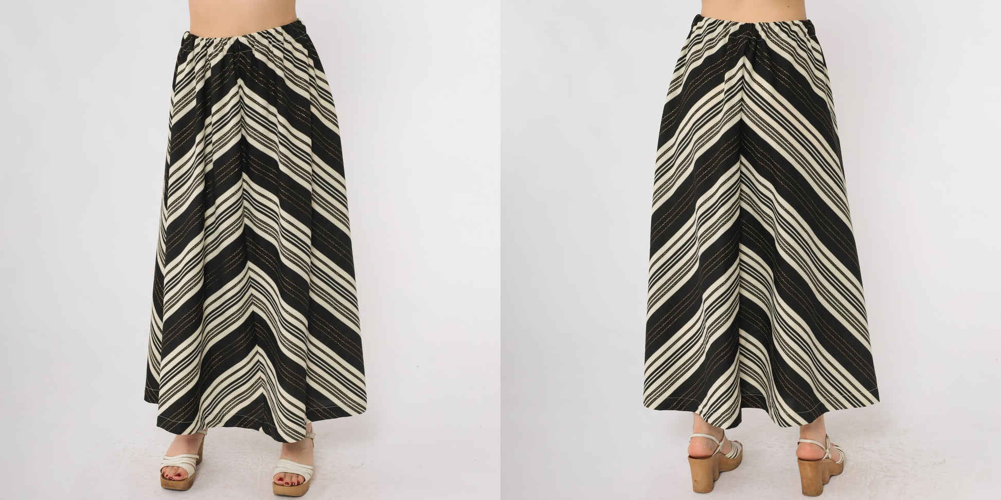 70s Black Cream Chevron Striped Maxi Skirt Gold Metallic High Waist Small