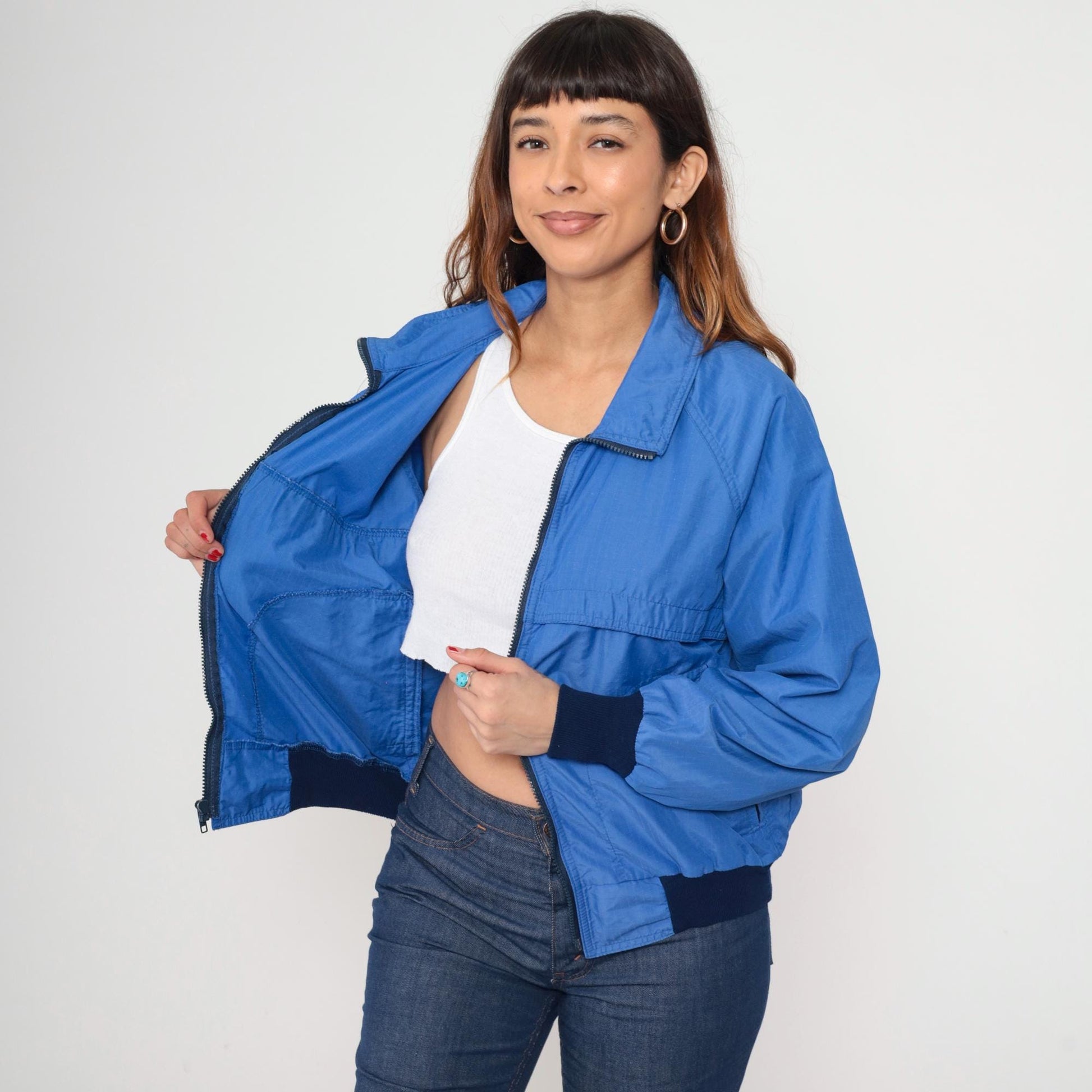 80s Royal Blue Windbreaker Jacket Raglan Sleeve Zip Up Medium M