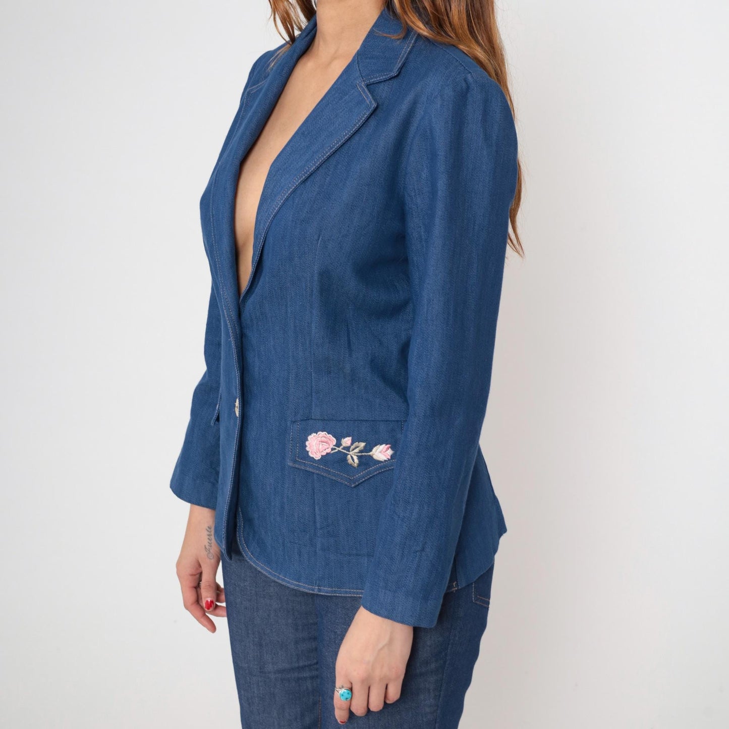 70s Embroidered Denim Blazer Pink Rose Floral Blue Jean Jacket Medium M
