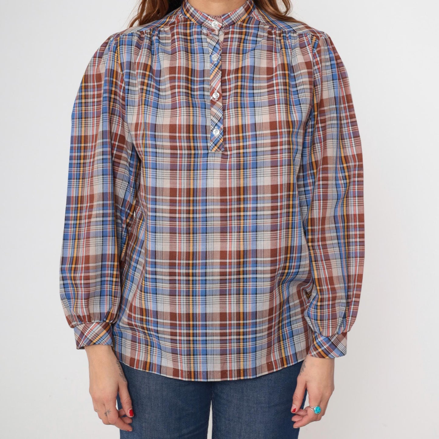 80s Plaid Blouse Mandarin Collar Puff Sleeve Brown Blue Yellow Cotton Medium M
