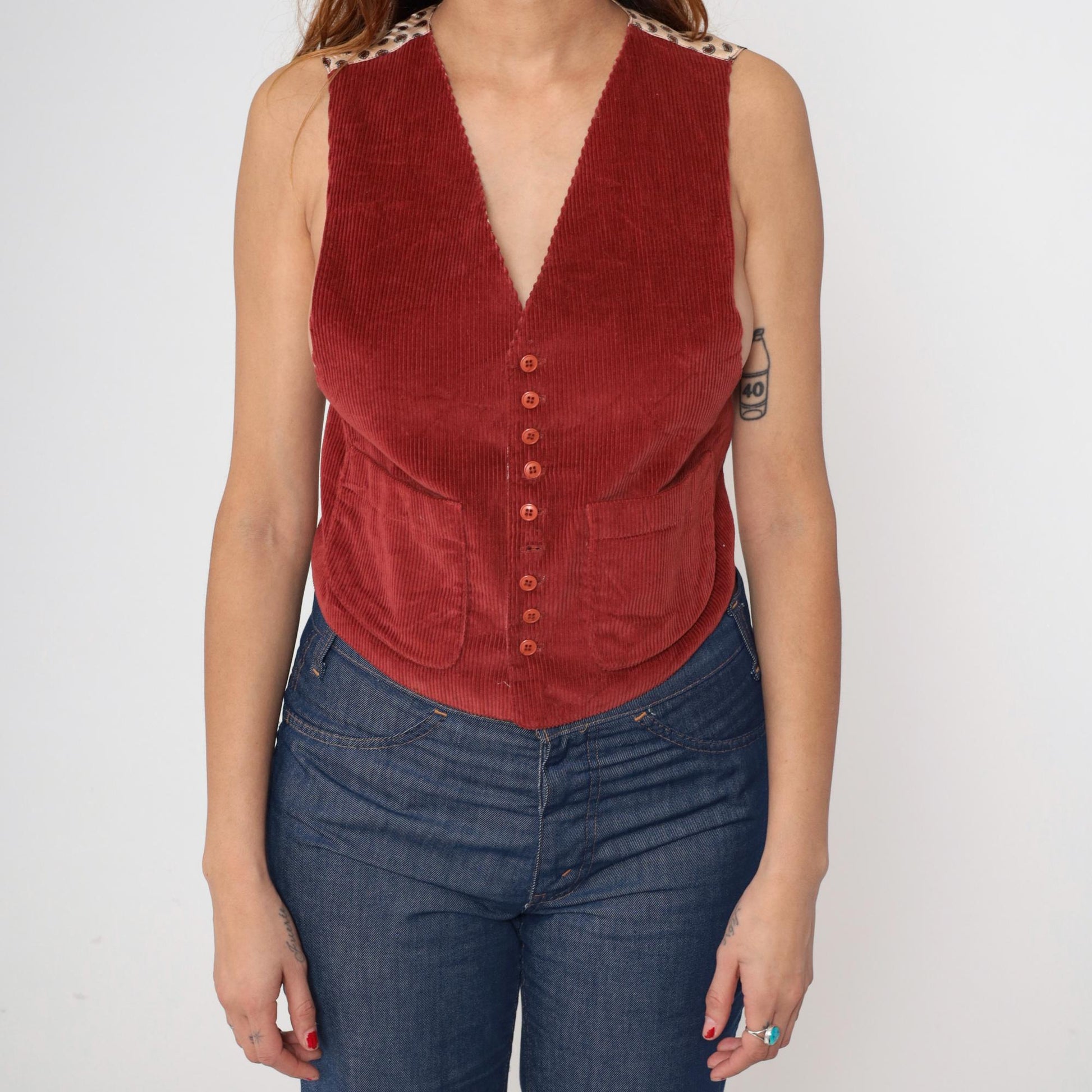 80s Rust Corduroy Vest Paisley Back Deep V-Neck Button Front Medium
