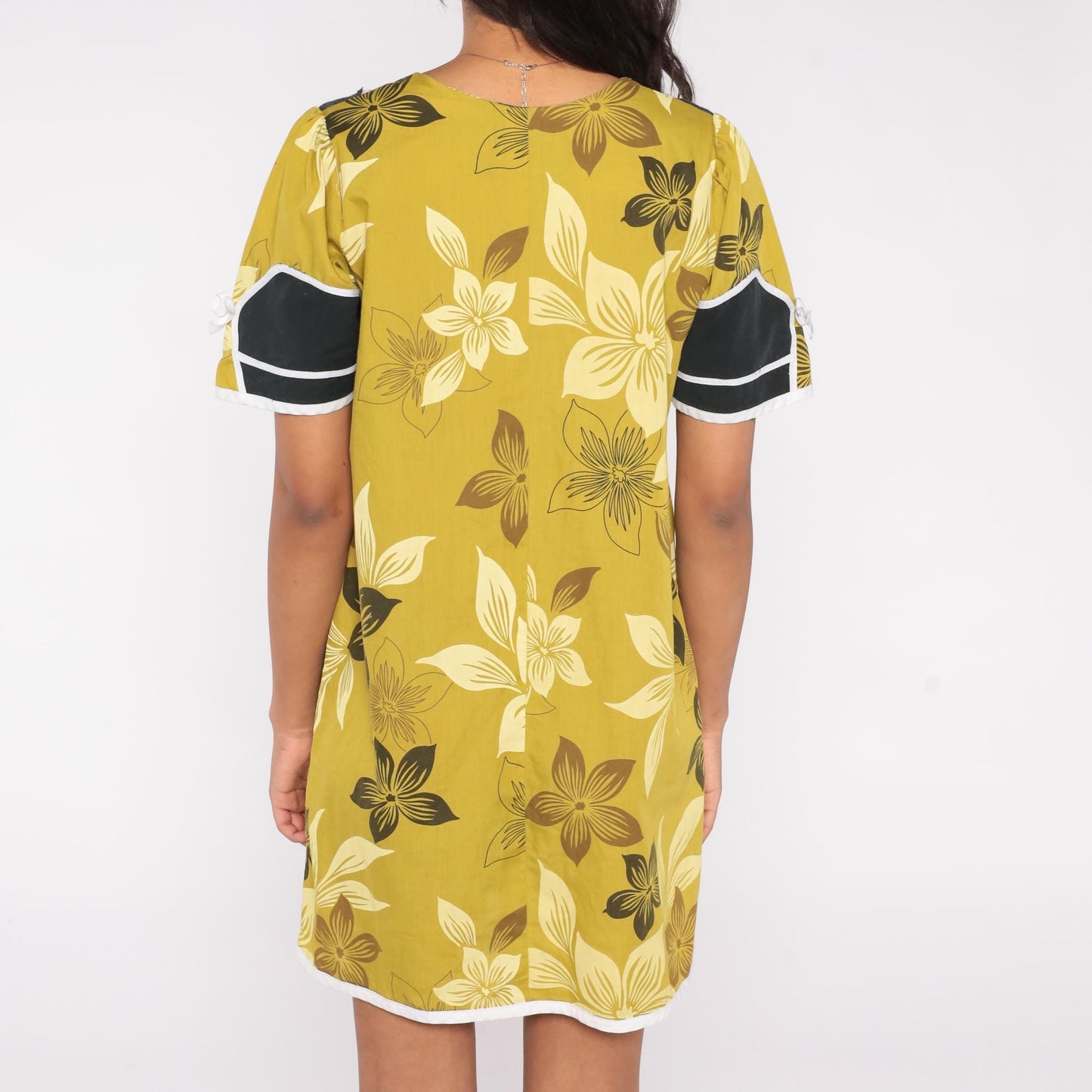 90s Floral Mini Dress Chartreuse Olive Sailor Collar Tropical Print Medium M