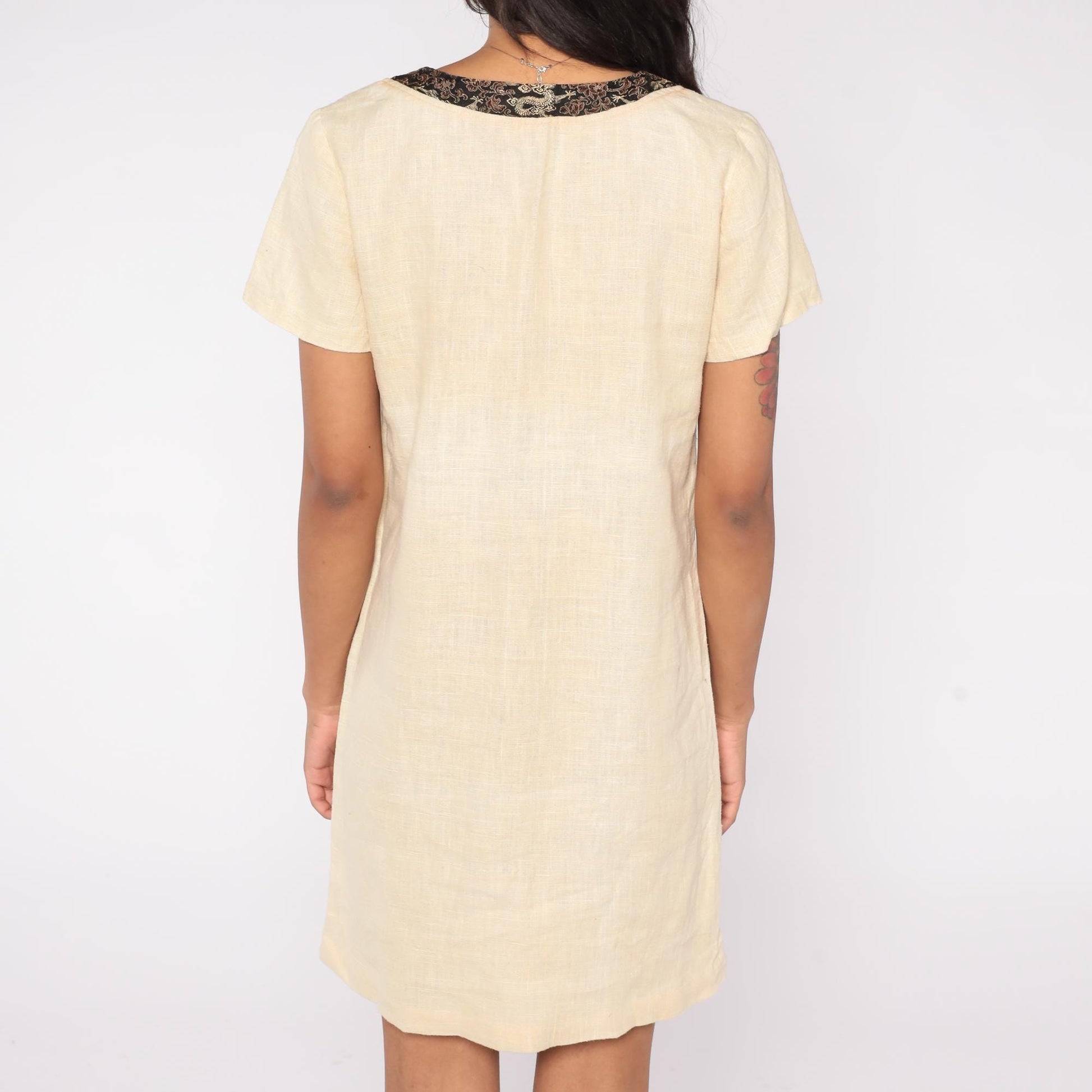 90s Mariko Beige Linen Dragon Embroidery Mini Dress Short Sleeve Medium M