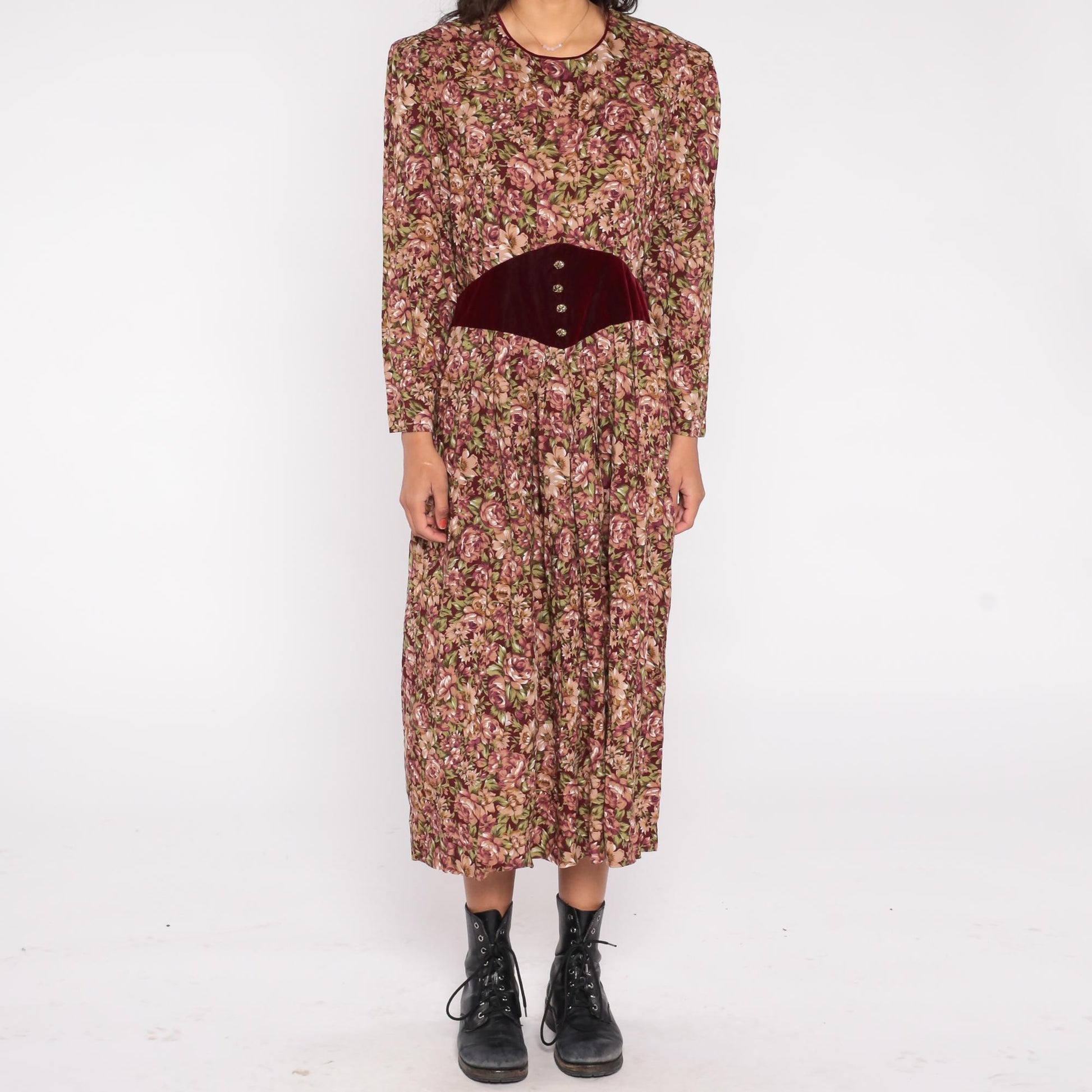 90s Miss Dorby Floral Velvet Midi Dress Burgundy Rose Long Sleeve Large