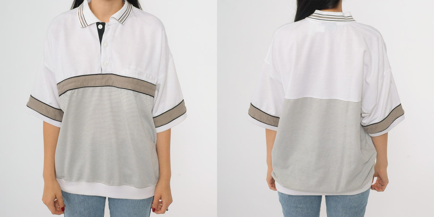 90s Puritan Polo Shirt White Taupe Black Striped Colorblock Large L