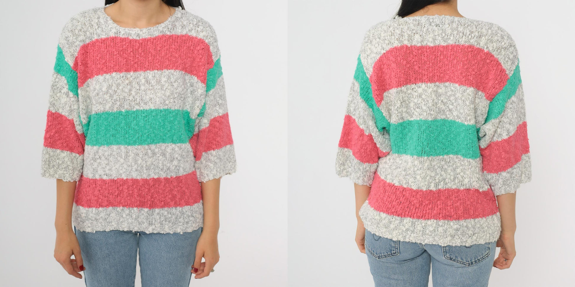 80s Striped Knit Sweater Pink Green Gray Crew Neck Short Sleeve Medium M