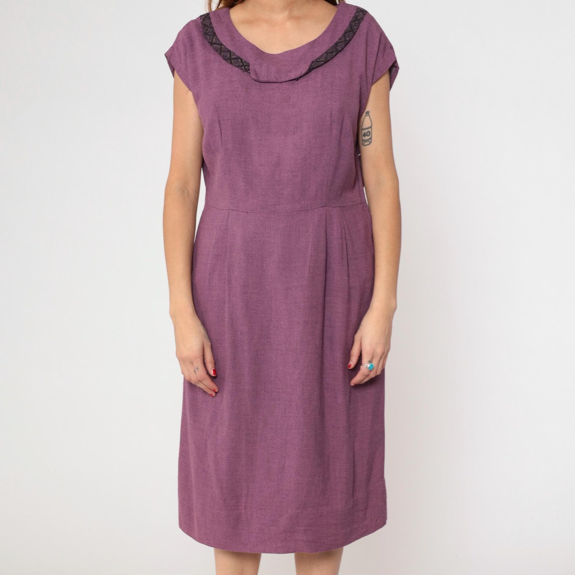 60s Gloria Swanson Purple Midi Dress Cowl Neckline Lattice Trim Large