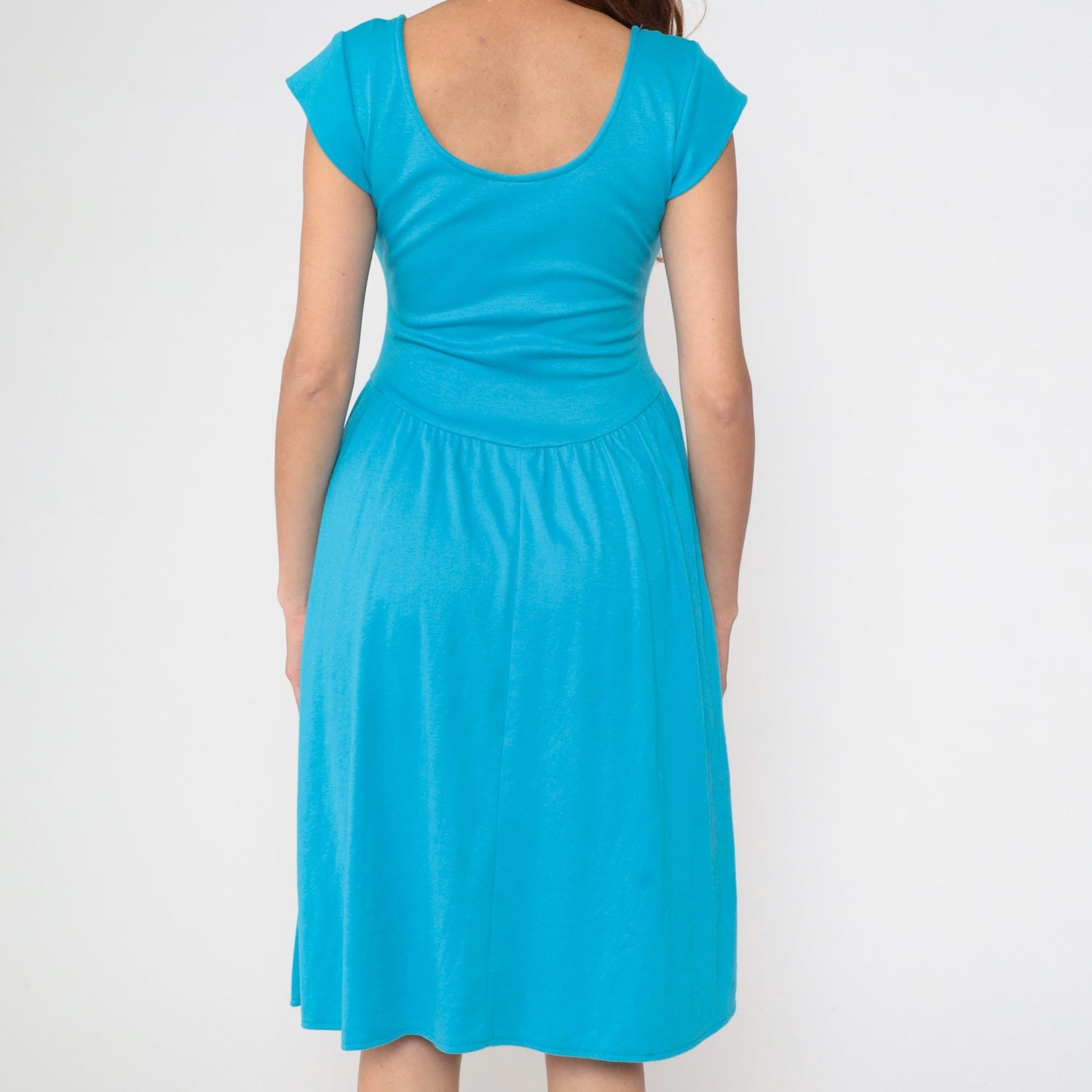 80s Byer Too Turquoise Midi Dress Fitted Bodice Cap Sleeve Small