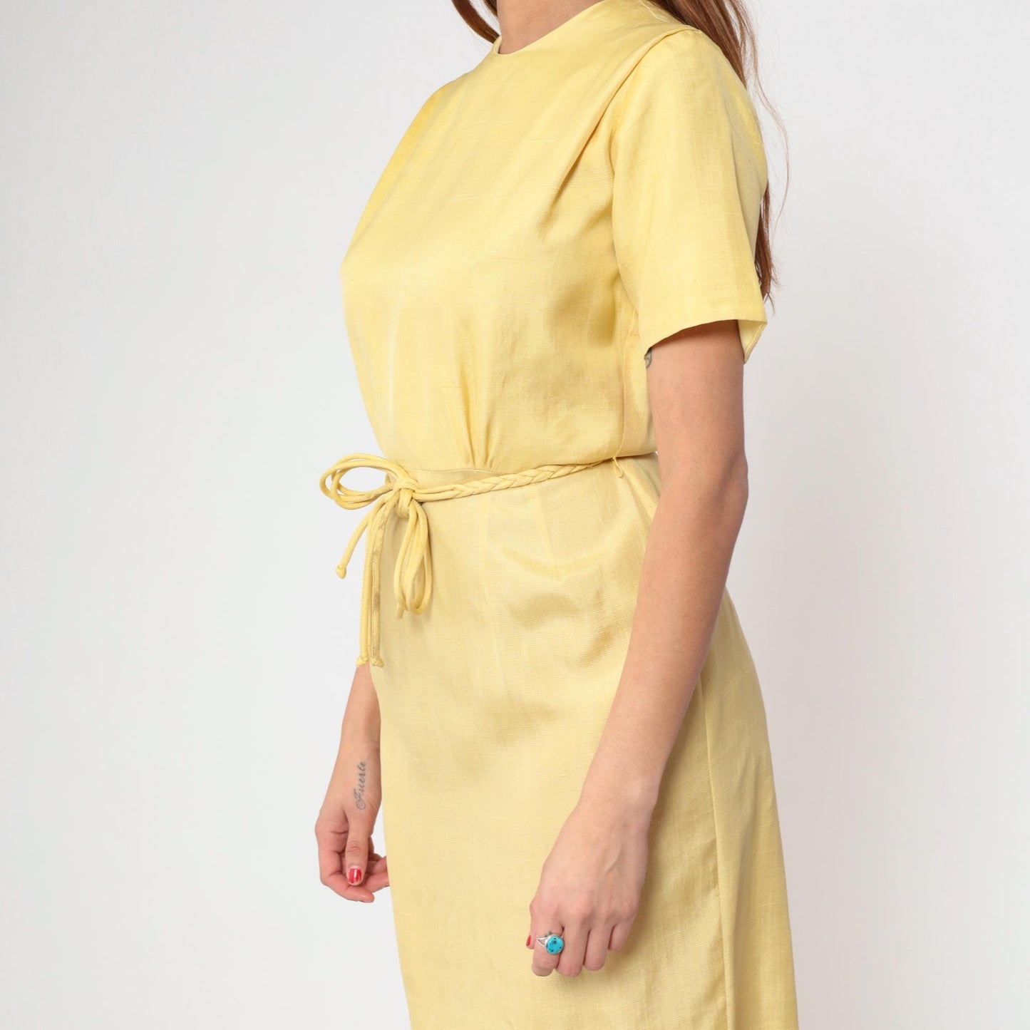 1960s Yellow Silk Shift Dress Crew Neck Belted Short Sleeve Small S