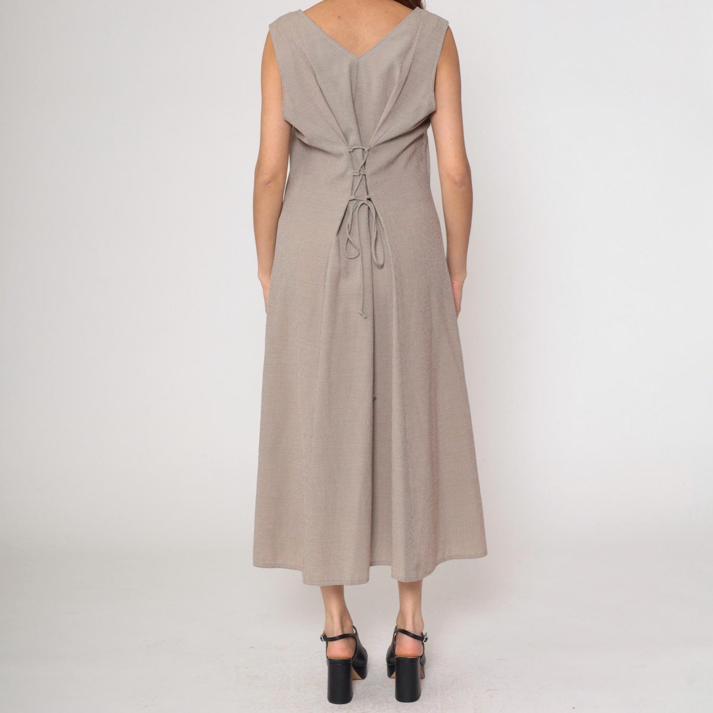 90s Kathie Lee Taupe Maxi Dress V Neck Lace Up Back Sleeveless Medium