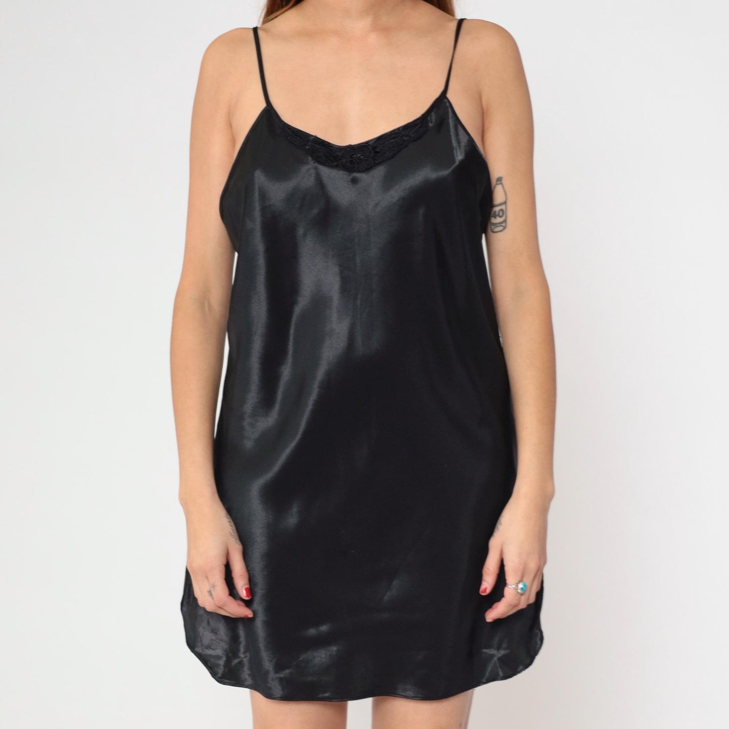 90s Black Satin Slip Dress Lace Trim V-Neck Spaghetti Strap Mini Large L