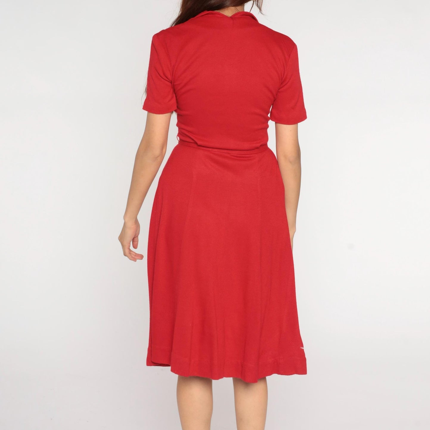 60s Toni Hunt Cherry Red Wool Blend Dress Notch Collar Belted Small