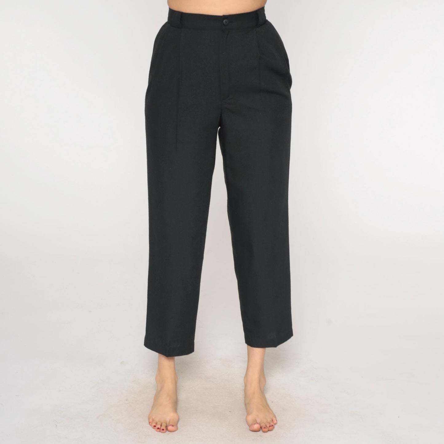 80s Black Pleated High-Waist Tapered Trousers Cropped Leg Small