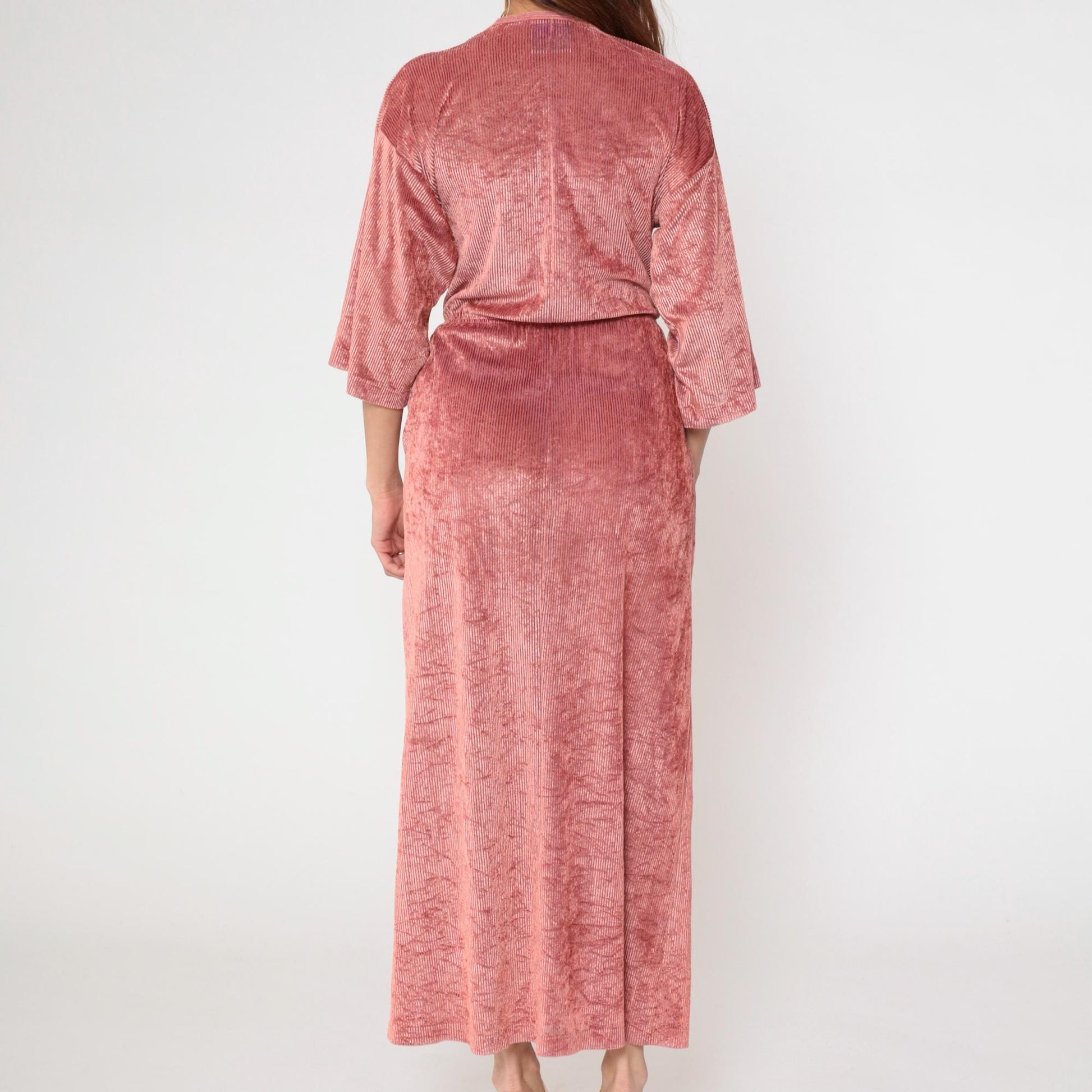 70s Dusty Rose Velour Maxi Robe Karessah Wrap Deep V Kimono Sleeve Small