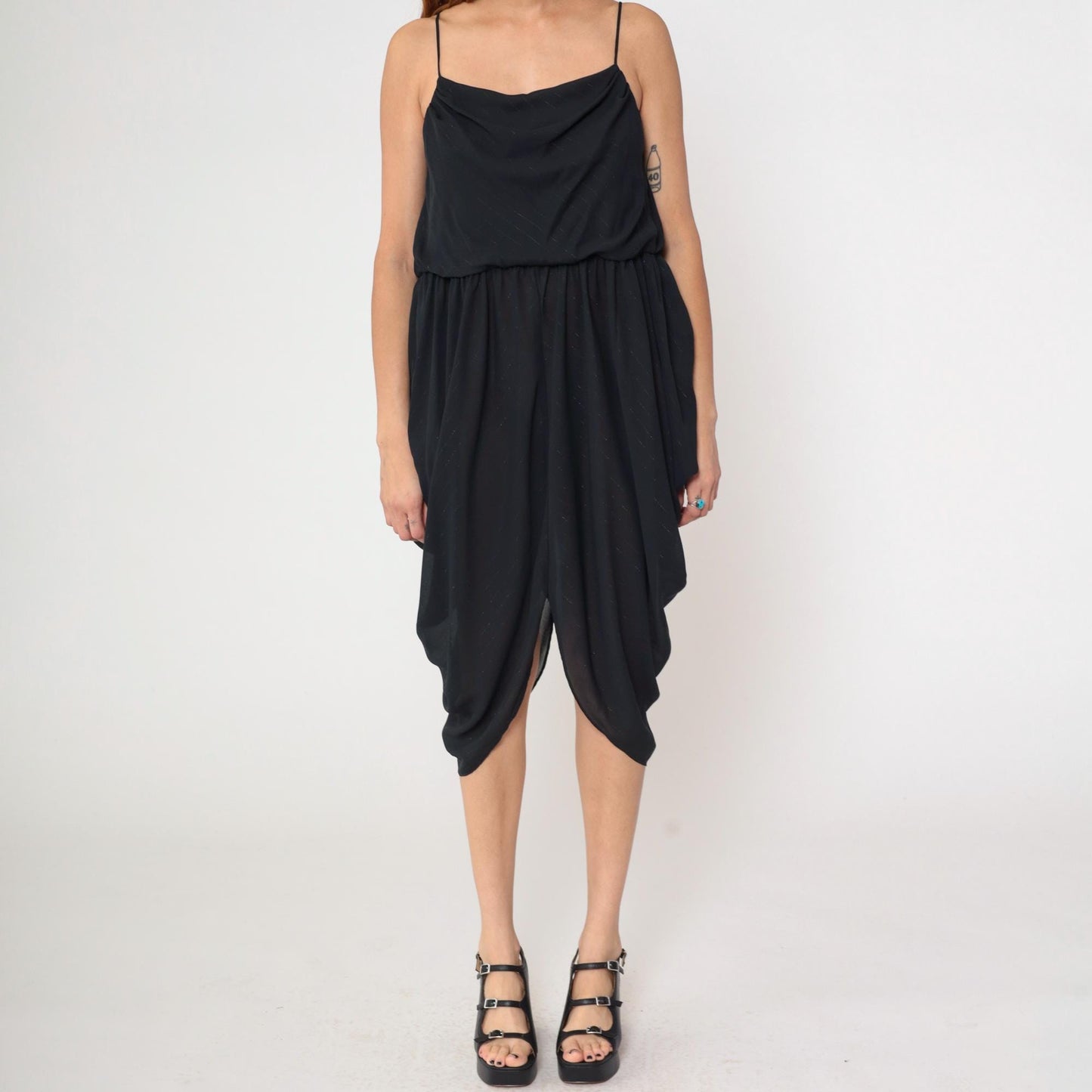 80s Entourage Black Cowl Neck Midi Dress Spaghetti Strap Handkerchief Hem Small