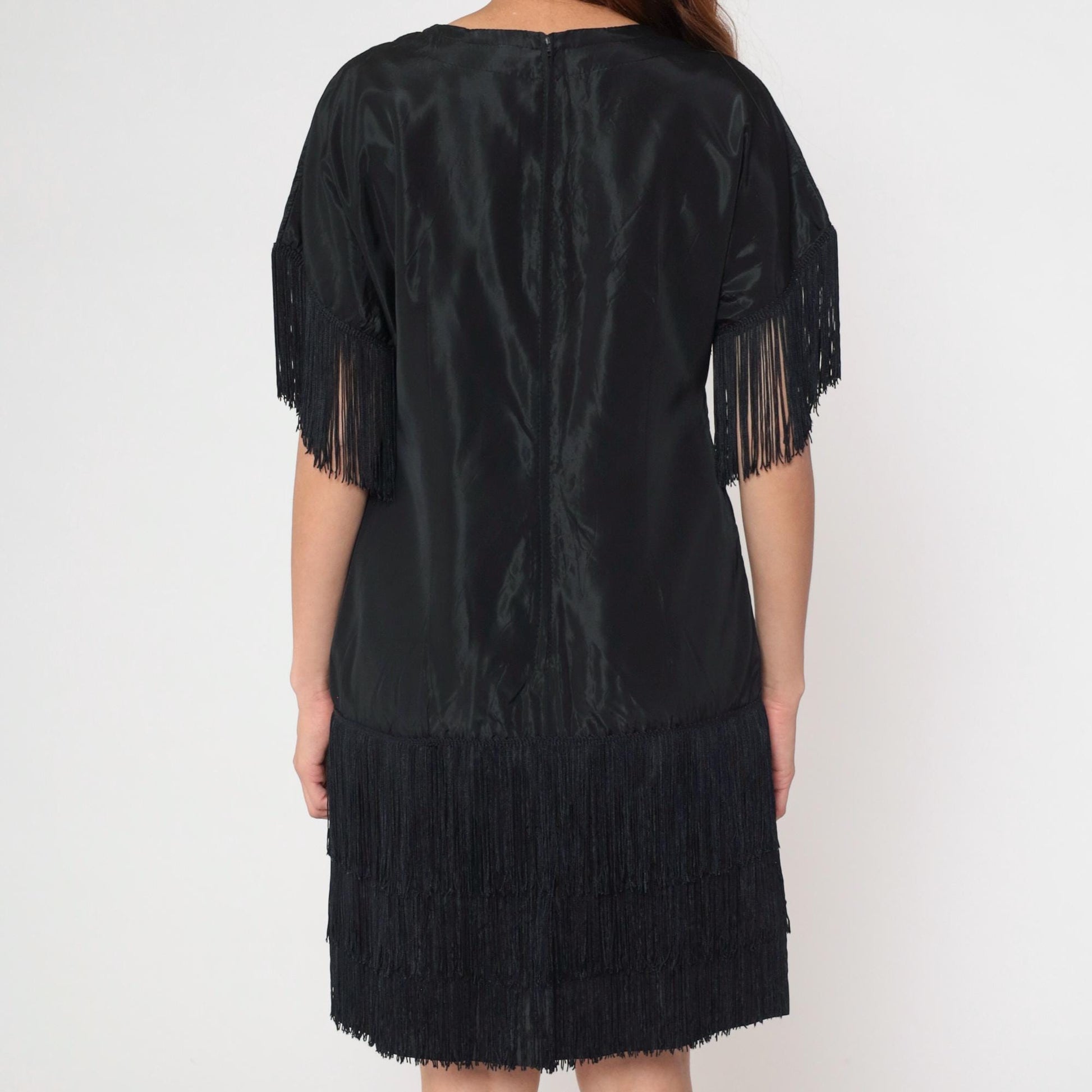 70s Black Fringe Mini Shift Dress V-Neck Tassel Sleeve Cocktail Medium M