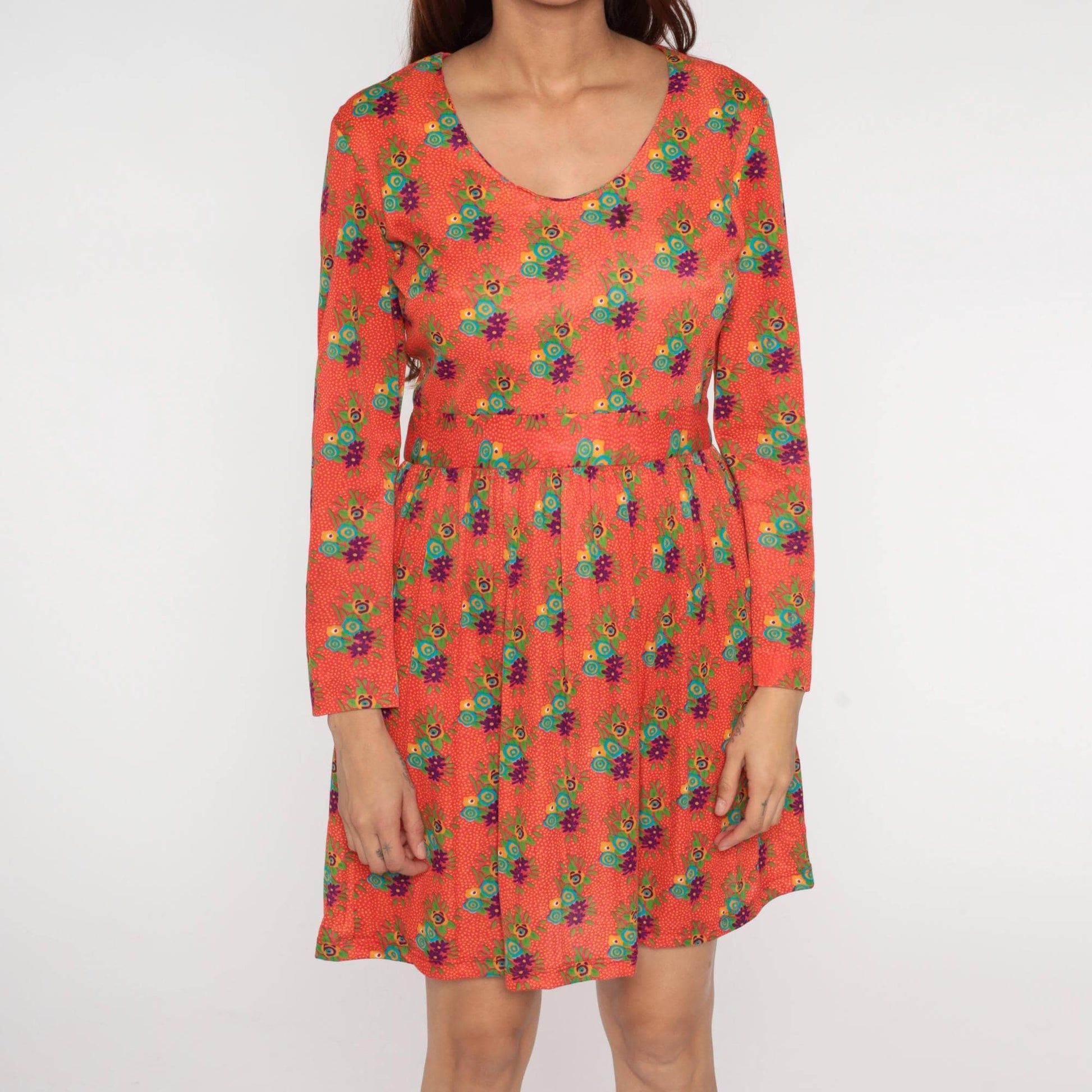 70s Avalon Classics Floral Mini Dress Coral Orange Empire Waist Long Sleeve Medium