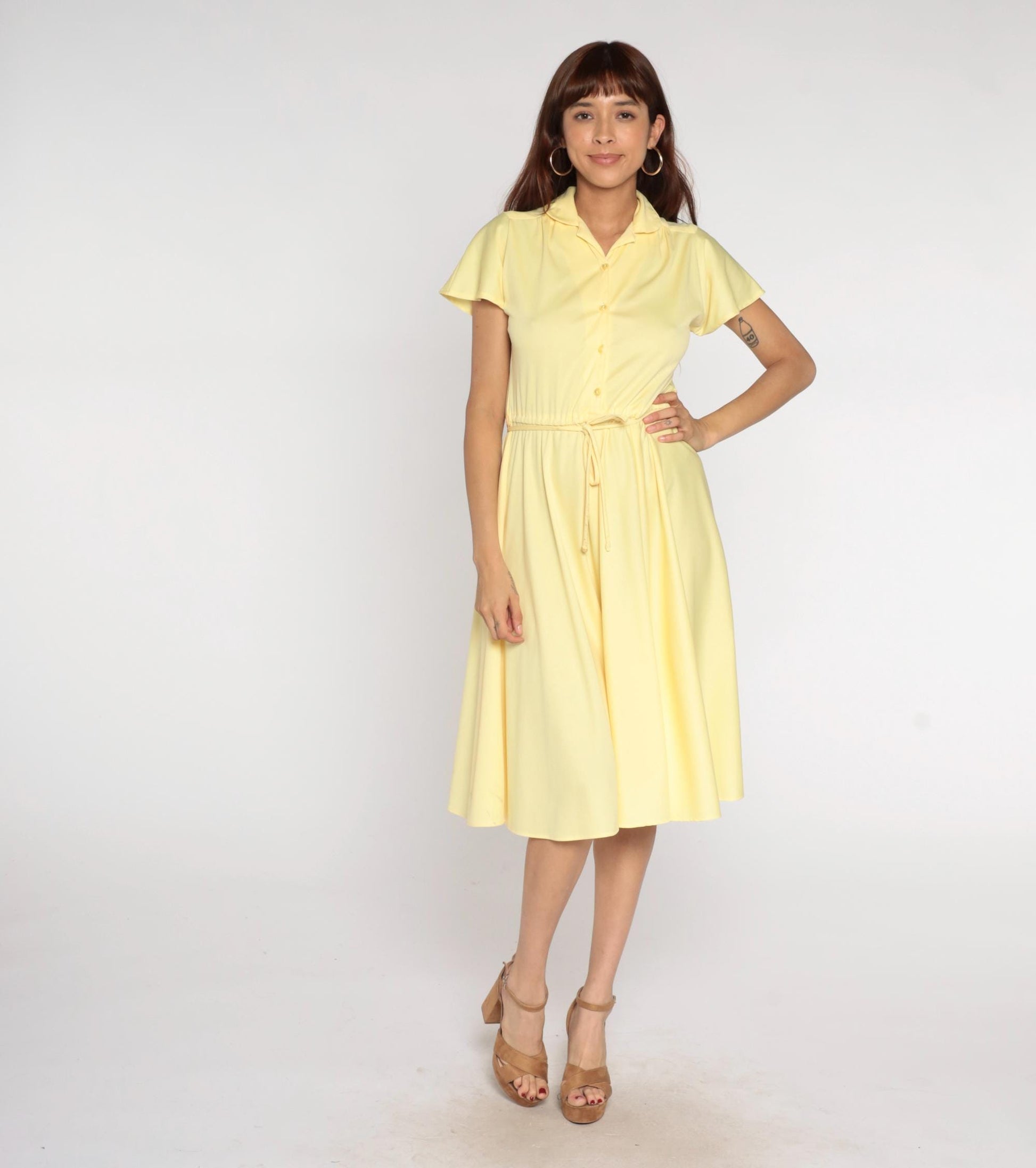 70s Union Made Pale Yellow Shirt Dress Midi Button Front Tie Belt Medium
