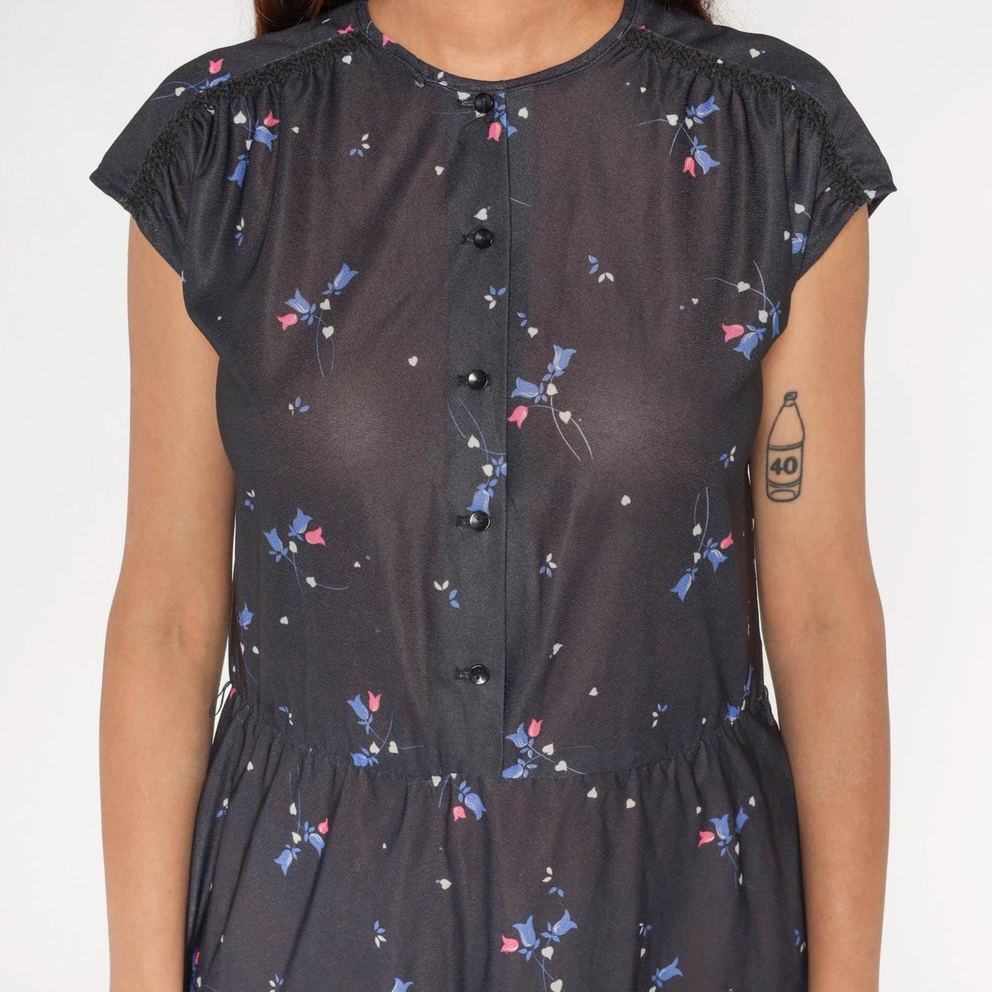 70s Grissom Lane Floral Midi Dress Black Button-Front Empire Waist Large