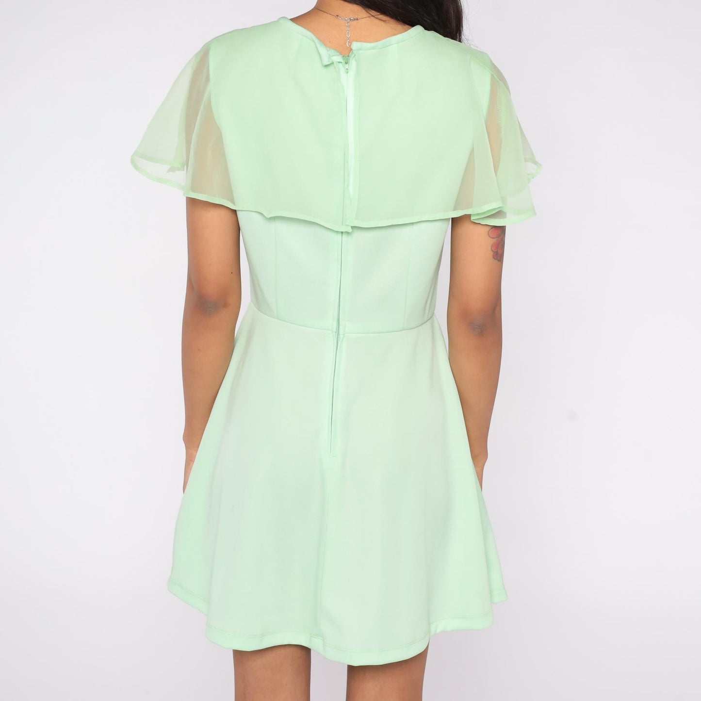 70s Mint Green Babydoll Mini Dress Flutter Sleeve Chiffon Medium
