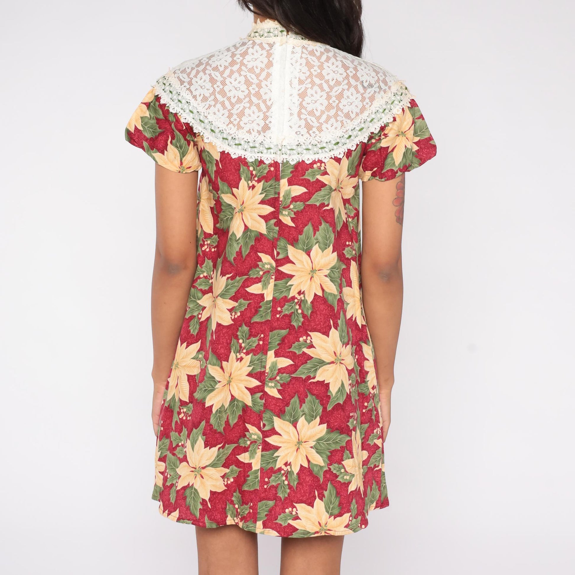 70s Princess Kaiulani Poinsettia Mini Dress Cotton Floral Red Cream Small