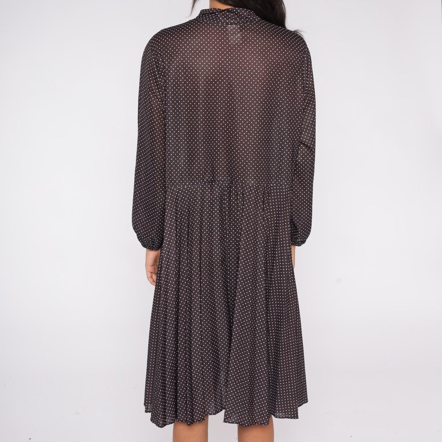 70s Brown Polka Dot Midi Dress Pussy Bow Neckline Button Front Pleated Extra Large