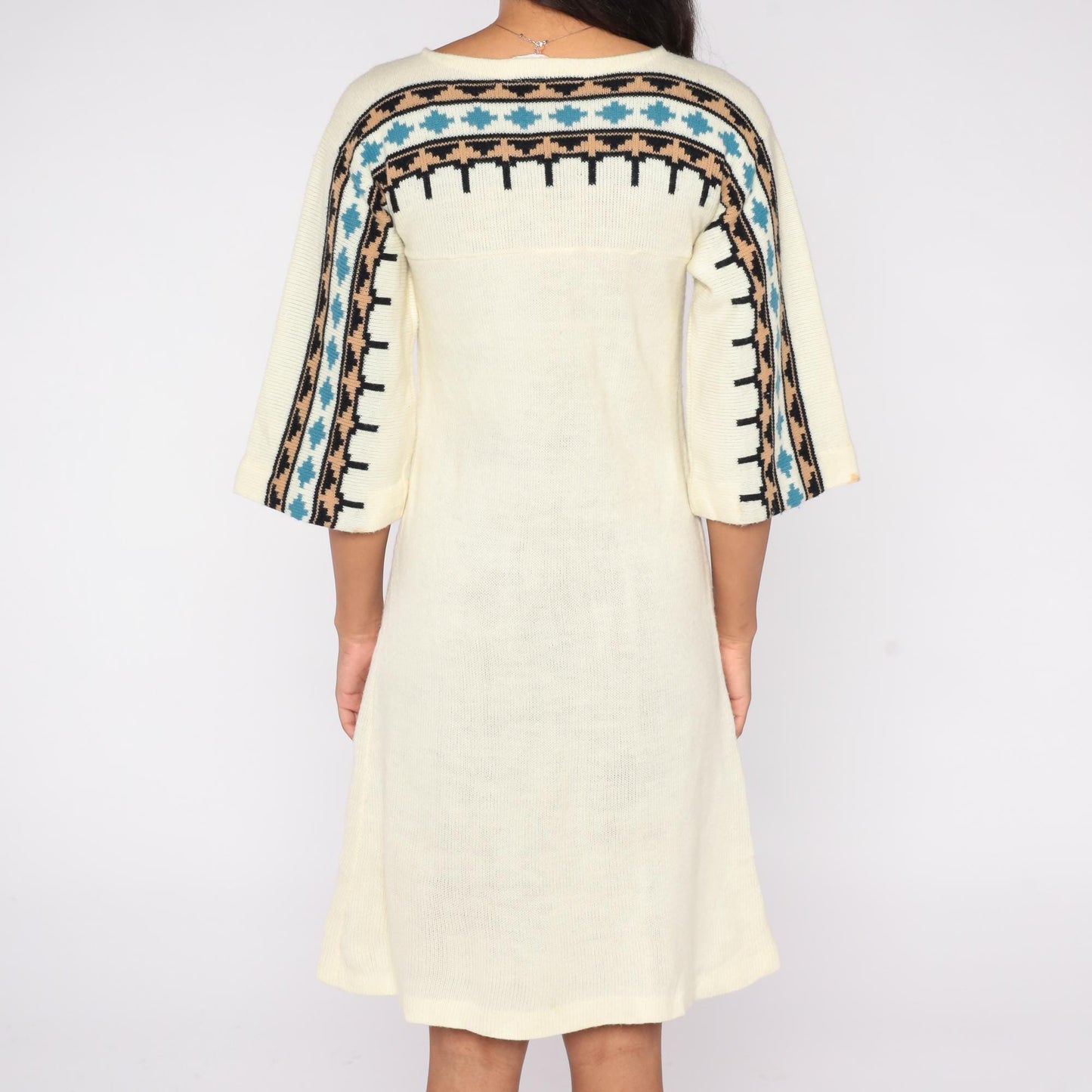 70s Cream Knit Sweater Dress Geometric Yoke Midi Flared Sleeve Small
