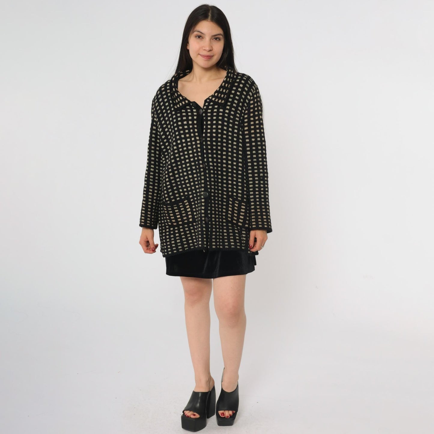 80s Black Cream Check Wool Sweater Coat Collared Cardigan Large L