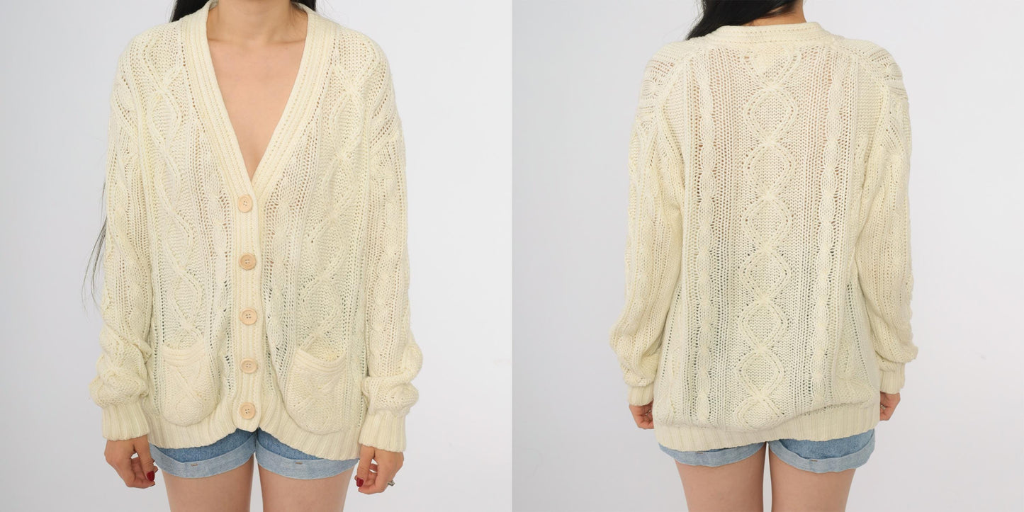 80s Cream Cable Knit Cardigan Deep V-Neck Button Front Chunky Knit Large