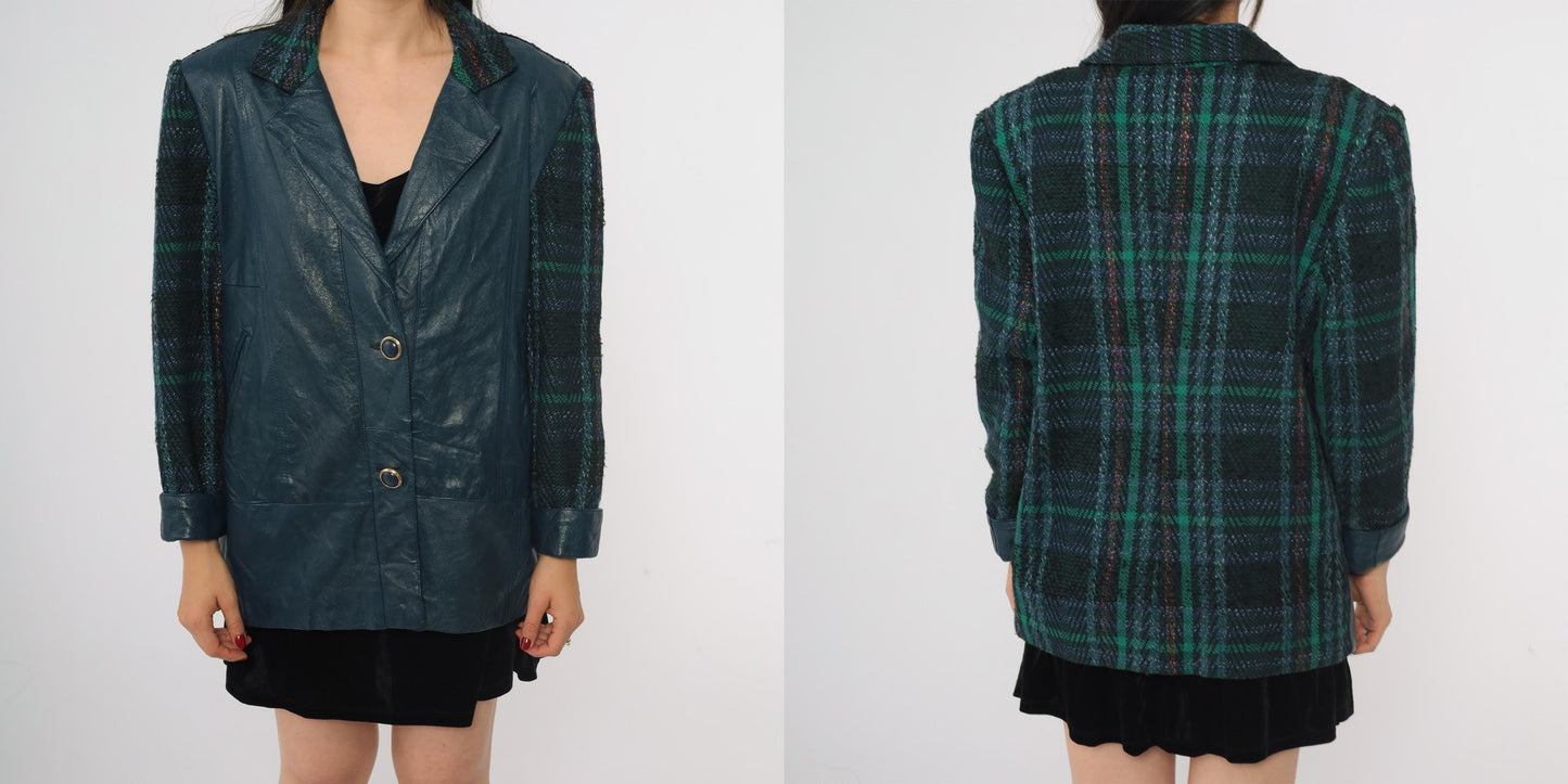 80s Blue Vinyl Plaid Wool Blazer Green Tartan Mixed Material Medium