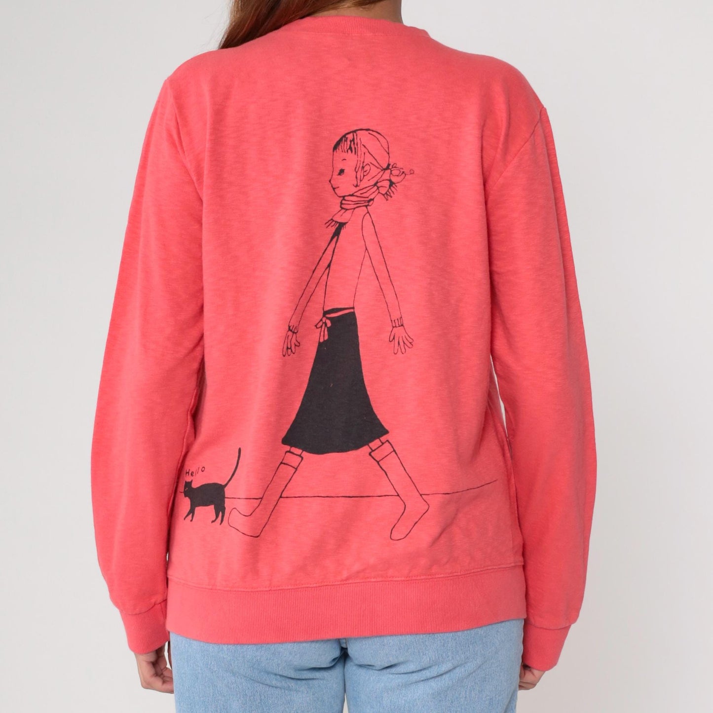 Y2K Coral Pink Sweatshirt Girl Illustration Cat Graphic Crewneck Medium M