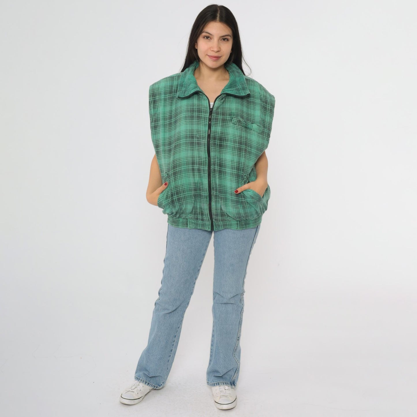 90s Northwest Territory Green Plaid Vest Tartan Zip Sleeveless Large