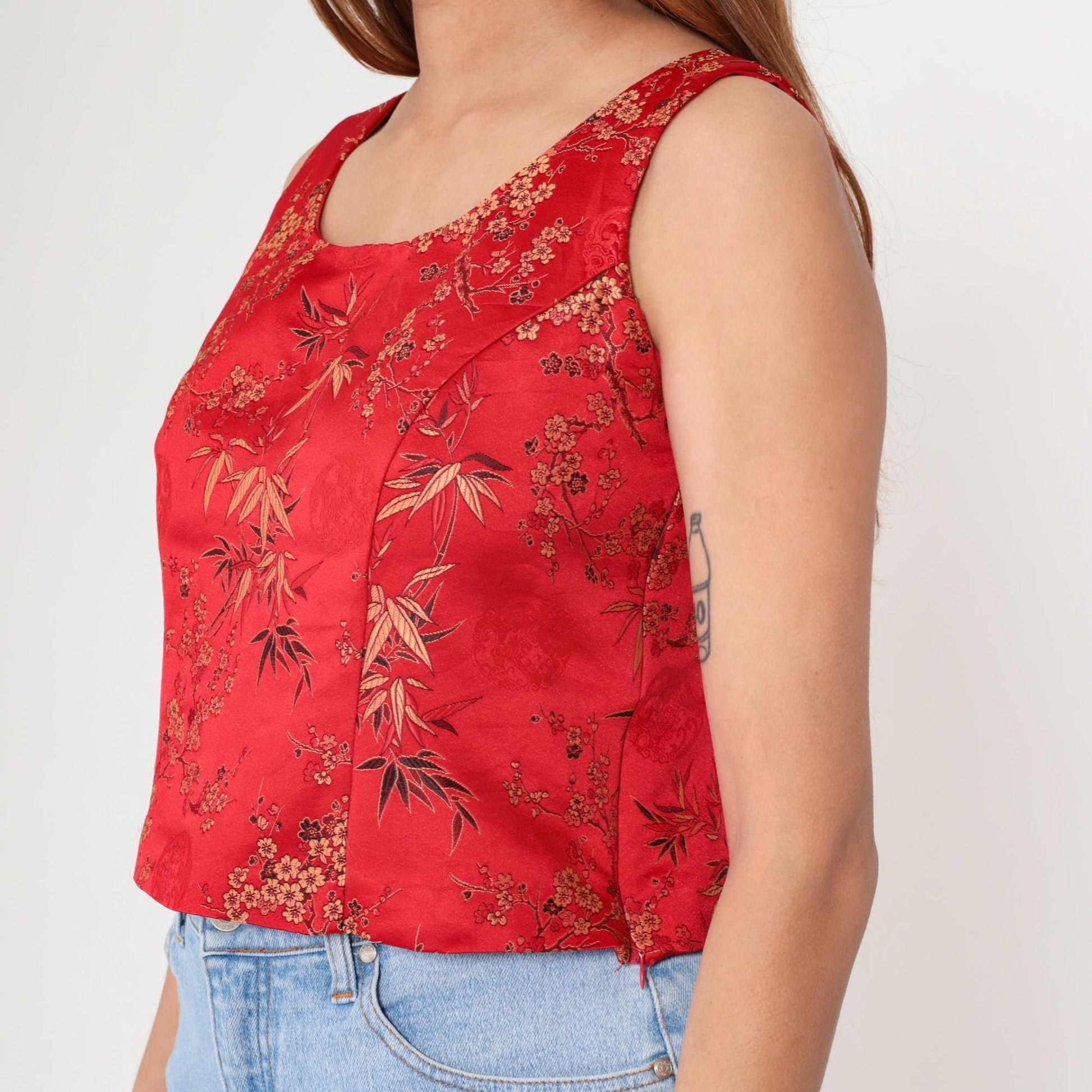 00s Red Satin Crop Top Cherry Blossom Bamboo Print Scoop Neck Small