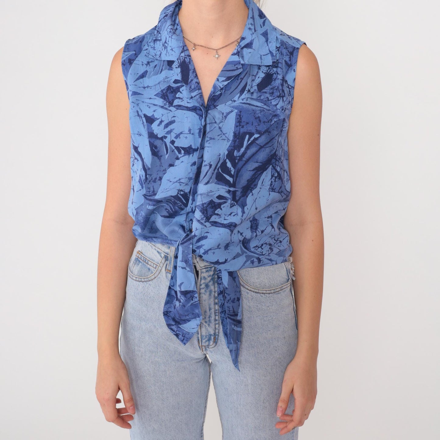 Y2K Blue Silk Crop Top Tropical Leaf Print Tie Front Collared Blouse Medium M