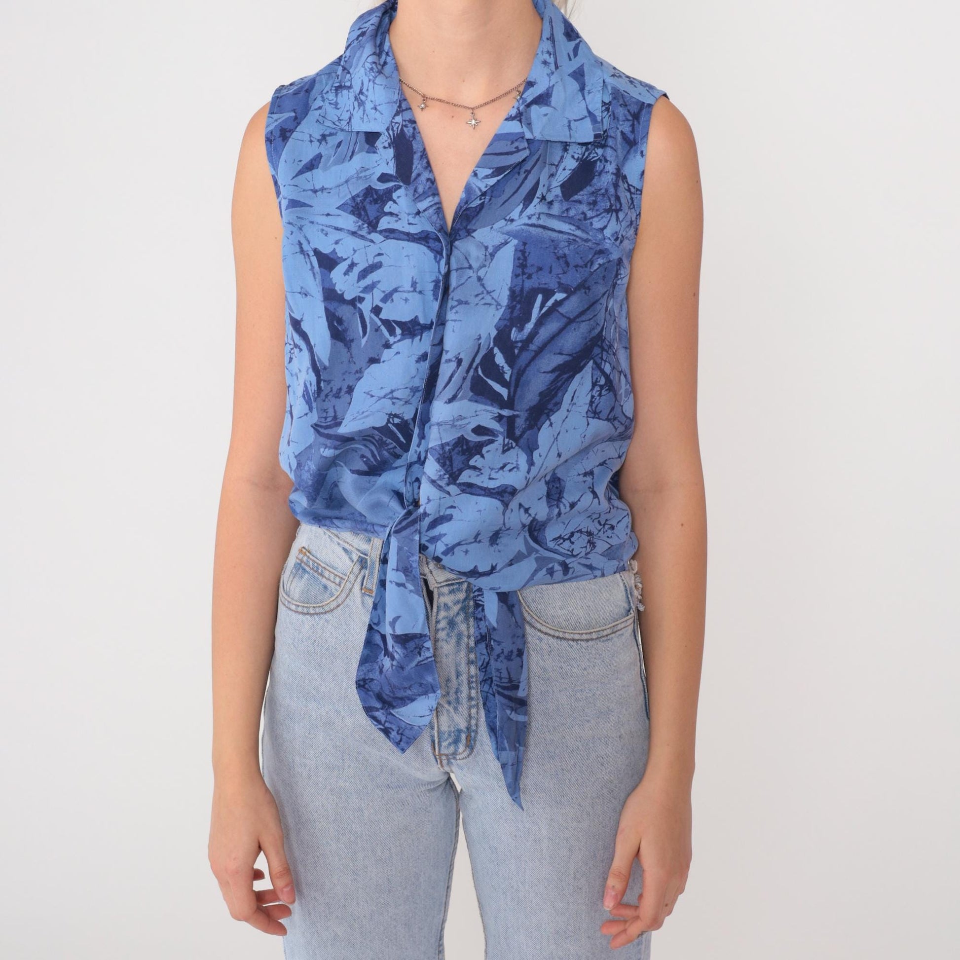 Y2K Blue Silk Crop Top Tropical Leaf Print Tie Front Collared Blouse Medium M