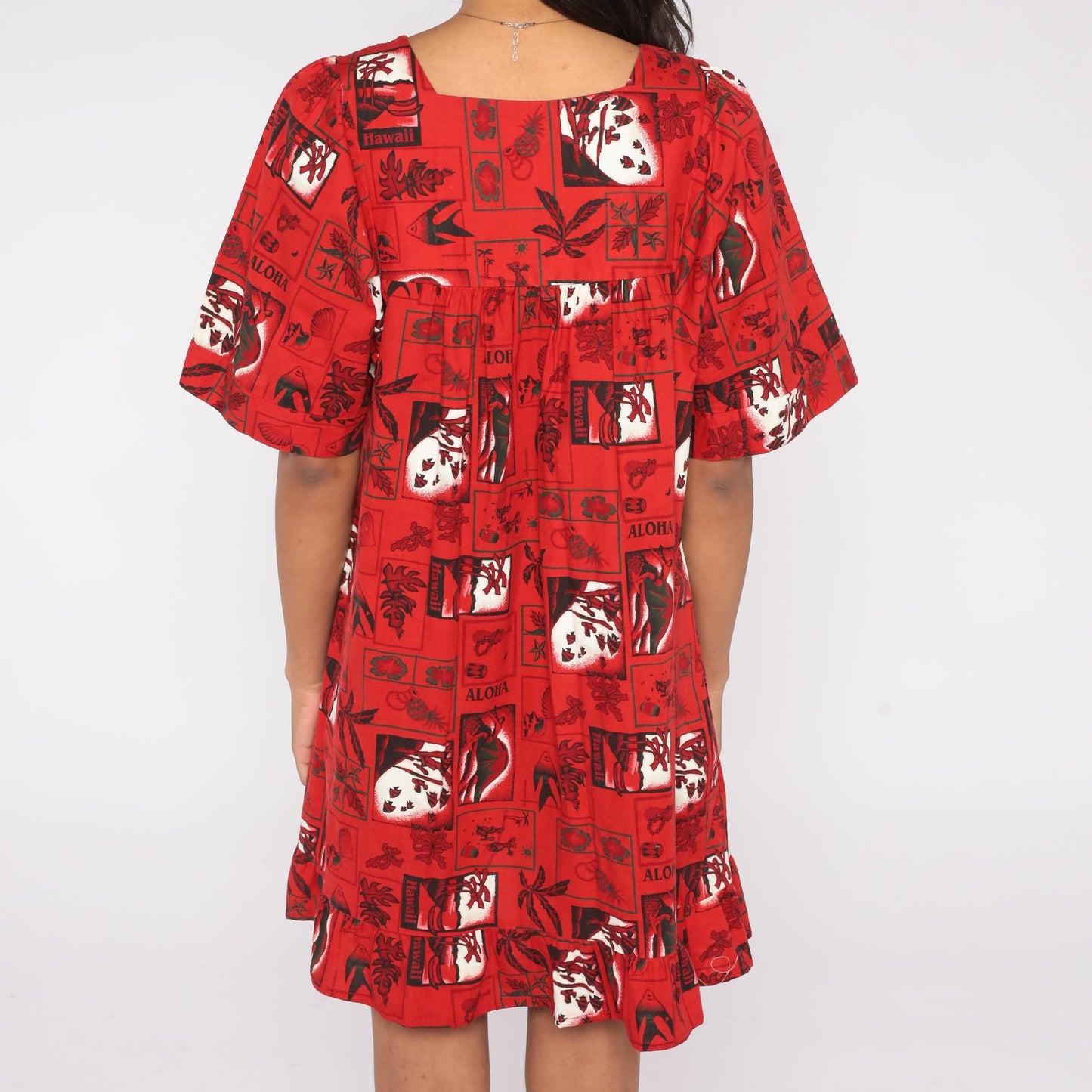 80s Hawaiian Cotton Mini Dress Pineapple Aloha Block Print Red Extra Large